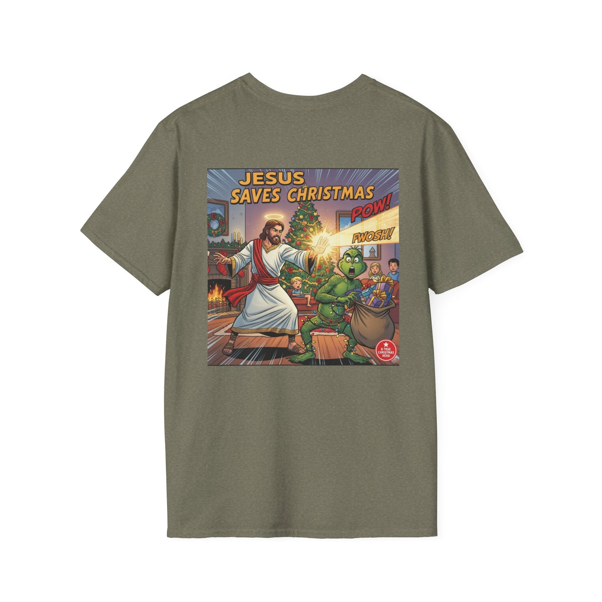 Jesus Saves Christmas T-shirt – Grinch vs Savior Light Battle Christian T-shirt for Hilarious Holiday Faith & True Joy Printify