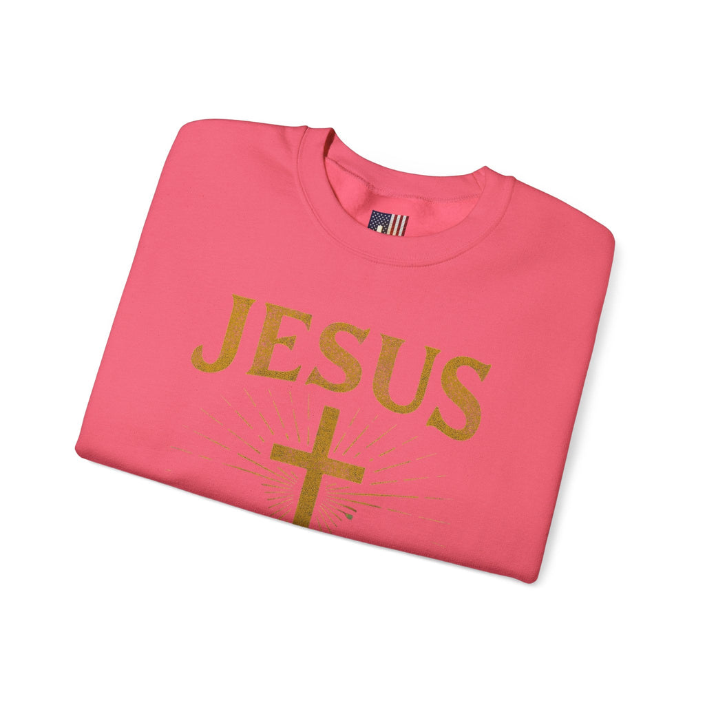 Jesus Saves Sweatshirt – Radiant Cross & Rays of Light Christian Sweatshirt for Eternal Hope & Faith Printify