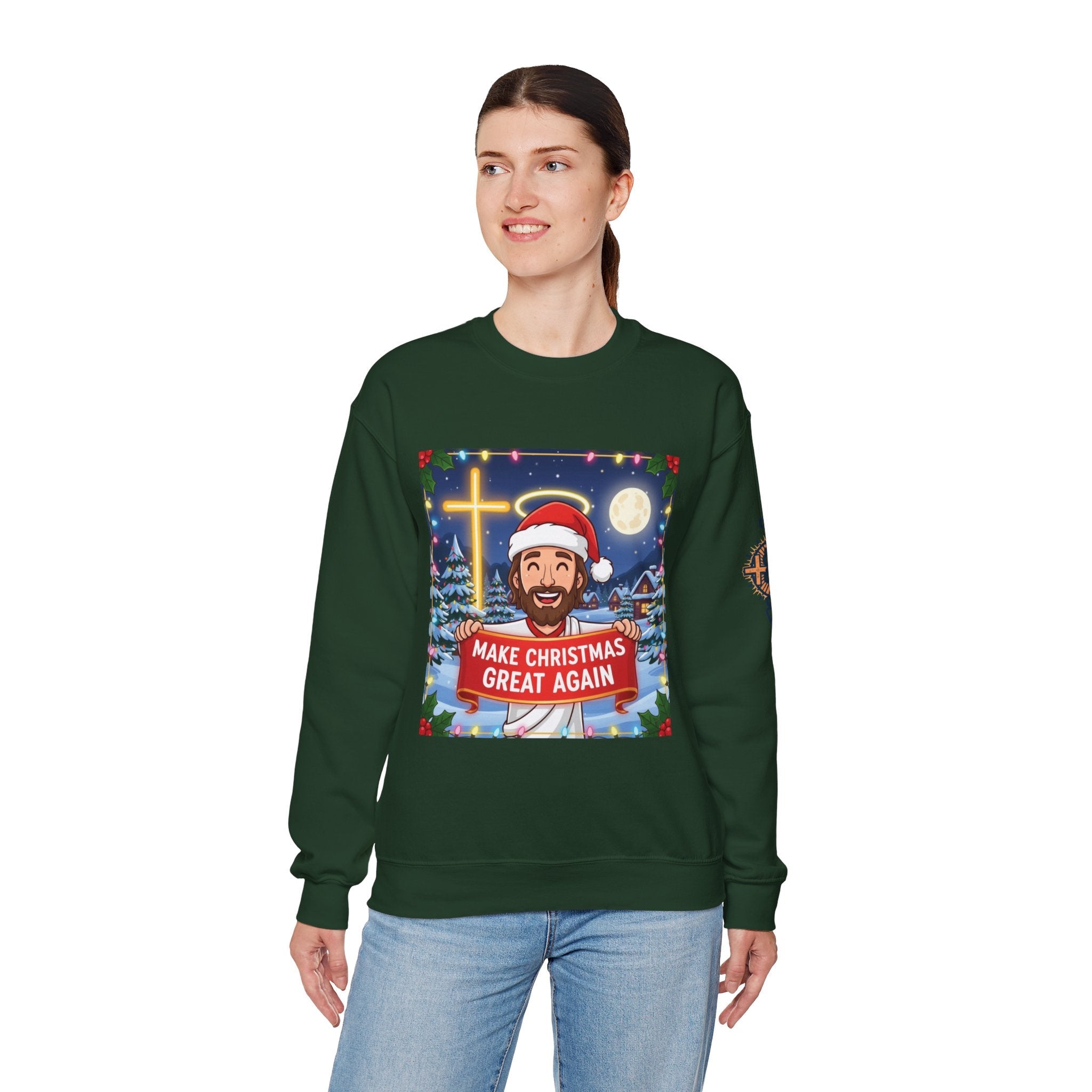 🎄 Make Christmas Great Again – Funny Christian Sweatshirt | Jesus Holding Banner | Faith-Based Holiday Parody Tee | Uplifted Gear Printify