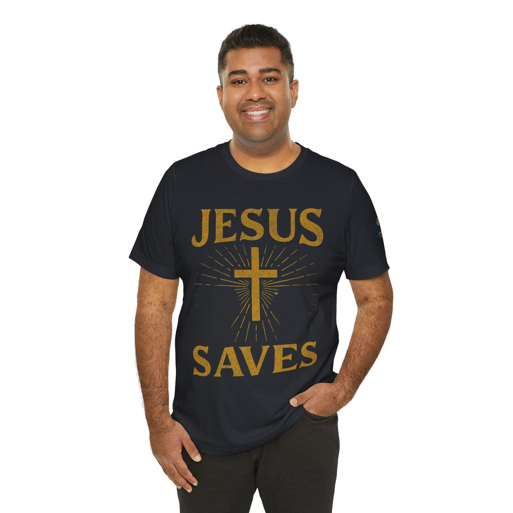 Jesus Saves T-shirt – Radiant Cross & Rays of Light Christian T-shirt for Eternal Hope & Faith Printify