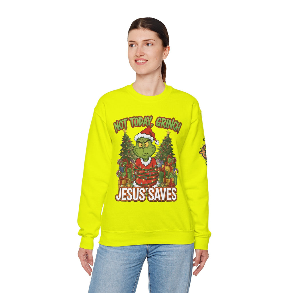 🎄 Not Today, Grinch – Jesus Saves | Funny Christian Christmas Sweatshirt | Sulking Grinch & Glowing Cross | Bold Neon Faith Tee by Uplifted Gear Printify