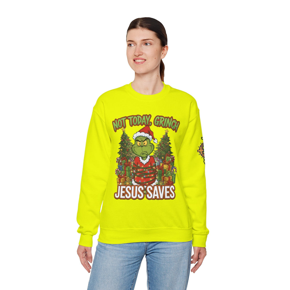 🎄 Not Today, Grinch – Jesus Saves | Funny Christian Christmas Sweatshirt | Sulking Grinch & Glowing Cross | Bold Neon Faith Tee by Uplifted Gear Printify