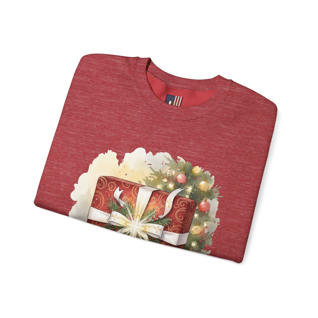 The Greatest Gift Sweatshirt – Cross Bow Present Christian Sweatshirt for Christmas Salvation & Eternal Faith Printify