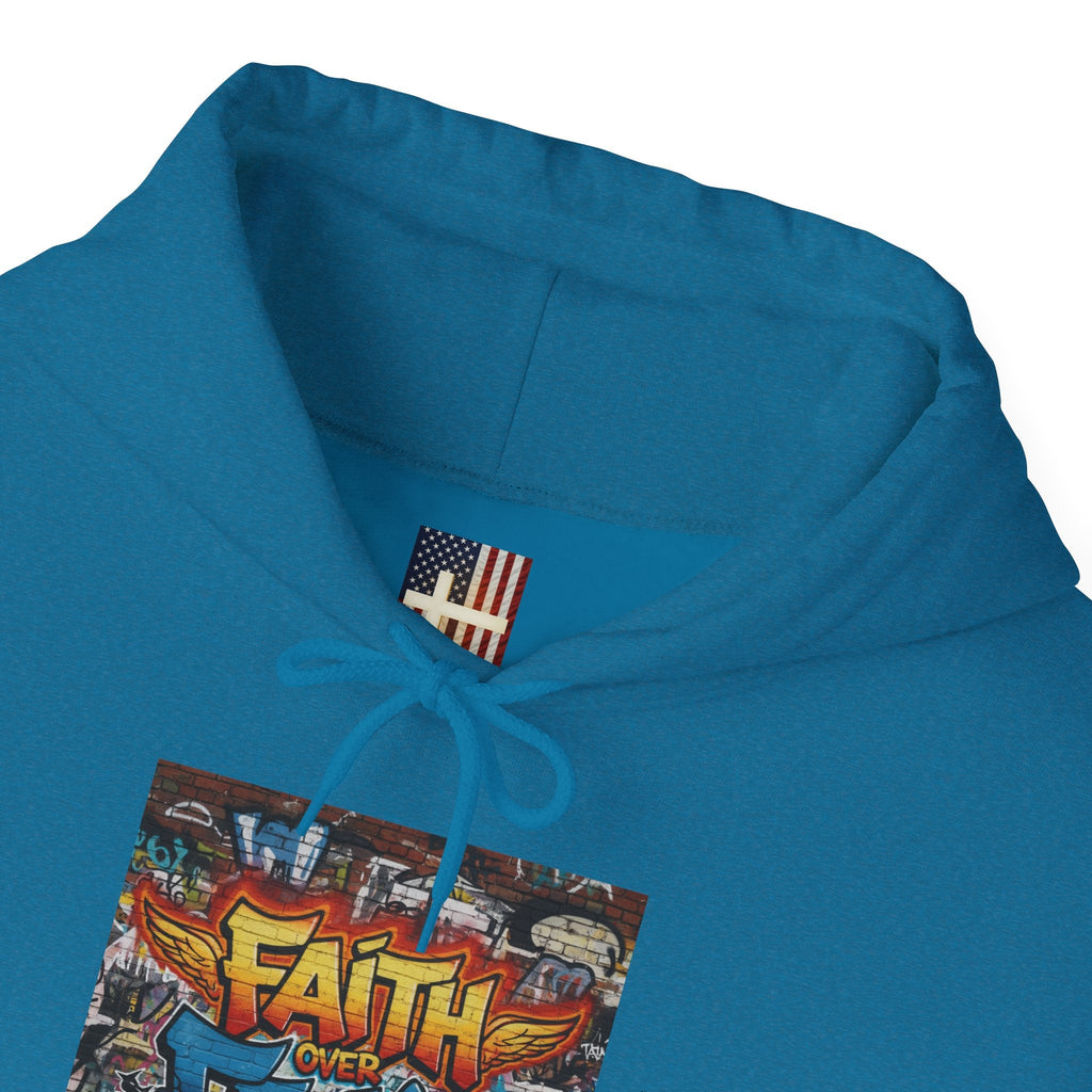 Faith Over Fear Hoodie – Graffiti Wall Christian Sweatshirt for Bold 2 Corinthians 5:7 Streetwear & Unshakable Faith Printify