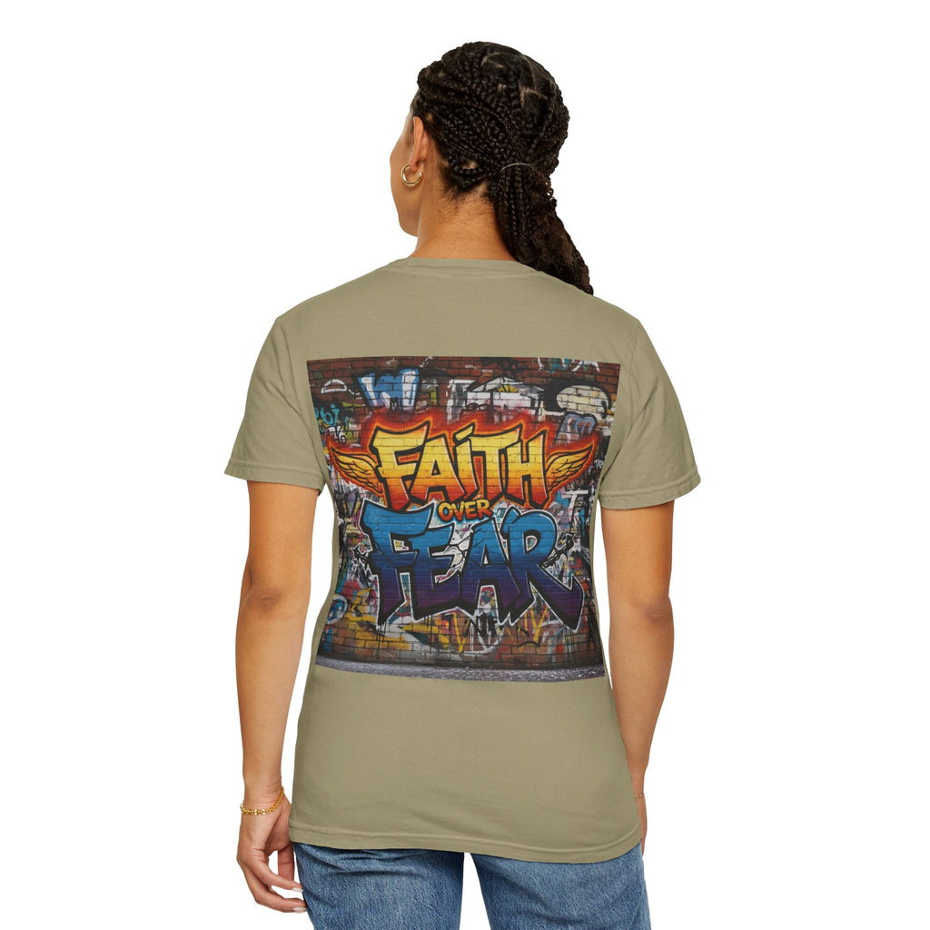 Faith Over Fear T-shirt – Graffiti Wall Christian T-shirt for Bold 2 Corinthians 5:7 Streetwear & Unshakable Faith Printify