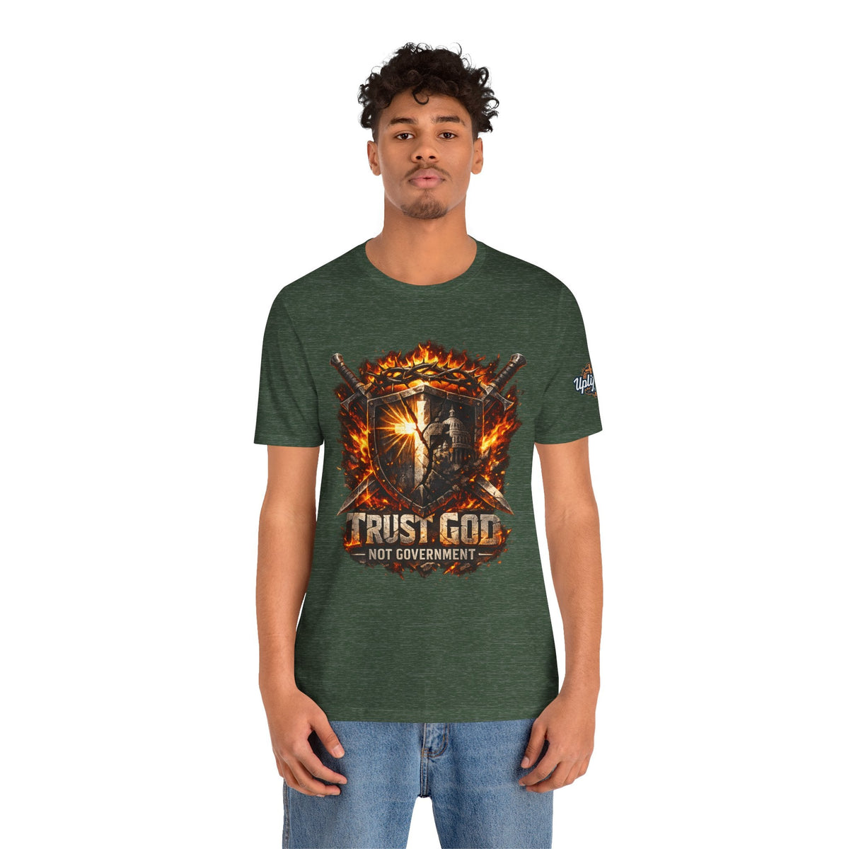 Trust God Not Government Shield Tee — Patriotic Christian Faith T-Shirt Printify