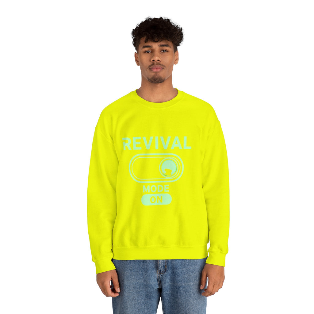 🔥 Revival Mode: ON – Christian Techwear Sweatshirt | Glowing Green Faith Switch | Futuristic Jesus Shirt | Activate Your Spiritual Awakening | Uplifted Gear Printify