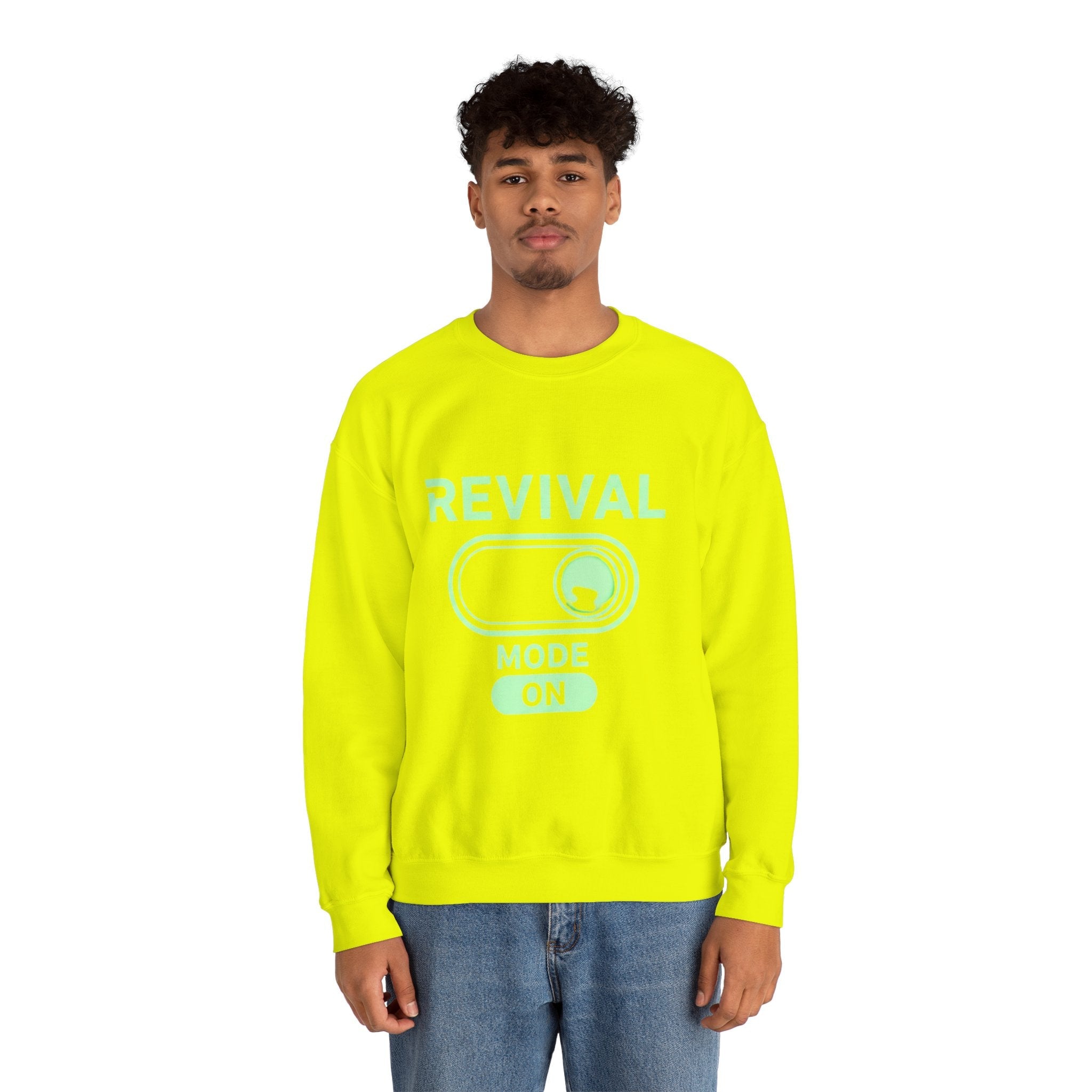 🔥 Revival Mode: ON – Christian Techwear Sweatshirt | Glowing Green Faith Switch | Futuristic Jesus Shirt | Activate Your Spiritual Awakening | Uplifted Gear Printify