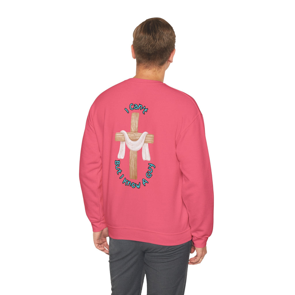 I Can’t, But I Know a Guy Sweatshirt – Jesus Cross Christian Sweatshirt for Cozy Faith Printify