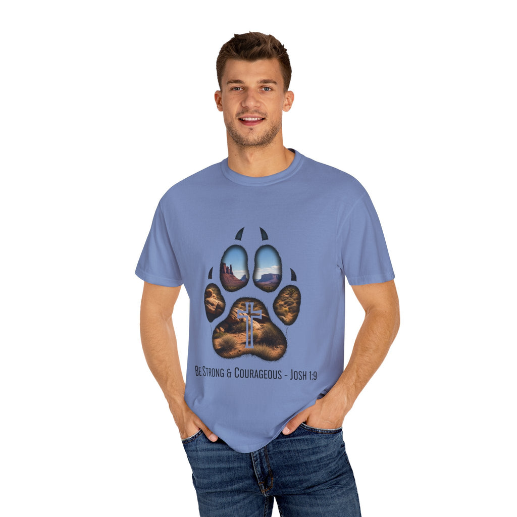 Strong and Courageous T-Shirt – Canine Pawprint Desert Joshua 1:9 Christian Tee Printify