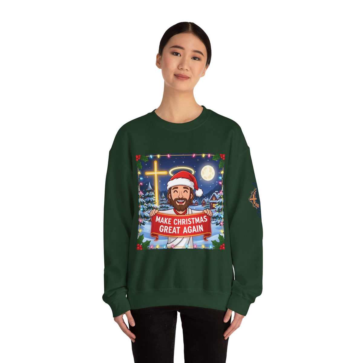 🎄 Make Christmas Great Again – Funny Christian Sweatshirt | Jesus Holding Banner | Faith-Based Holiday Parody Tee | Uplifted Gear Printify