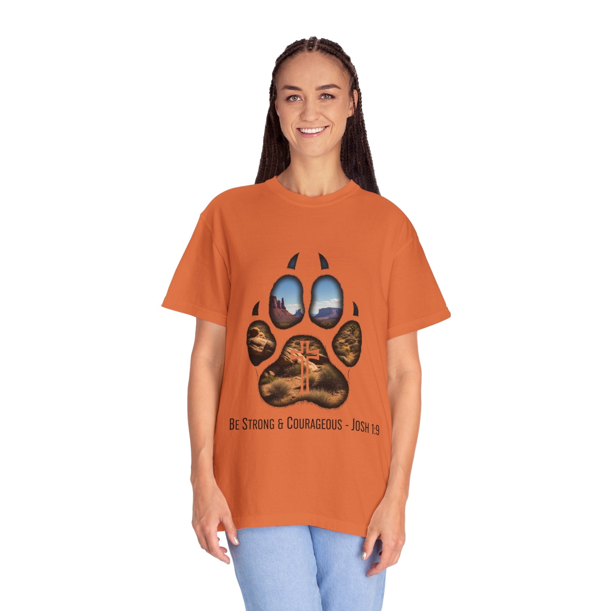 Strong and Courageous T-Shirt – Canine Pawprint Desert Joshua 1:9 Christian Tee Printify