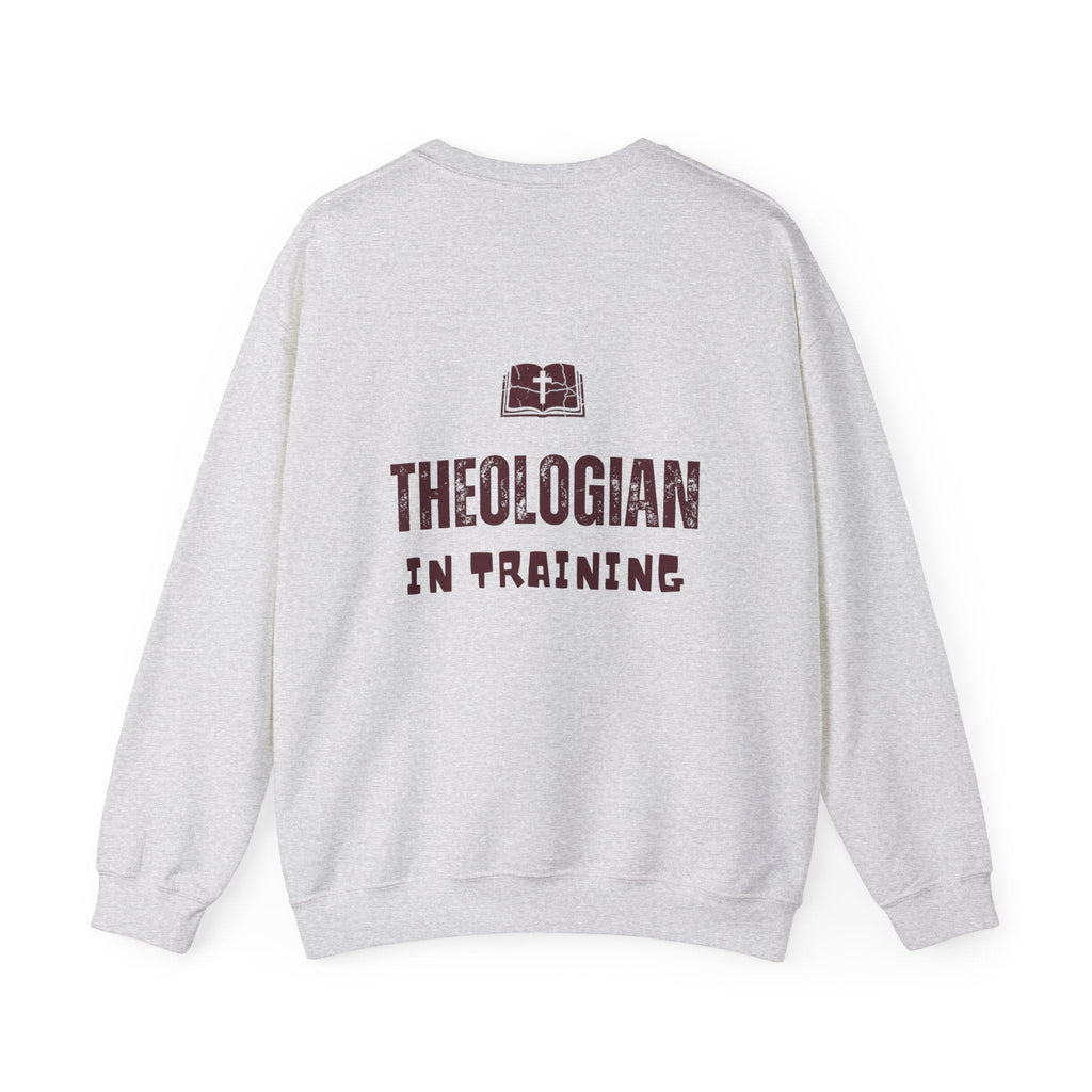 Theologian in Training Sweatshirt – Open Bible & Cross Christian Sweatshirt for Faithful Growth Printify