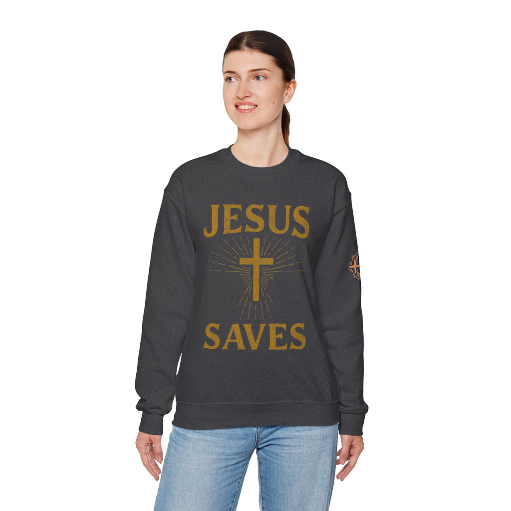 Jesus Saves Sweatshirt – Radiant Cross & Rays of Light Christian Sweatshirt for Eternal Hope & Faith Printify