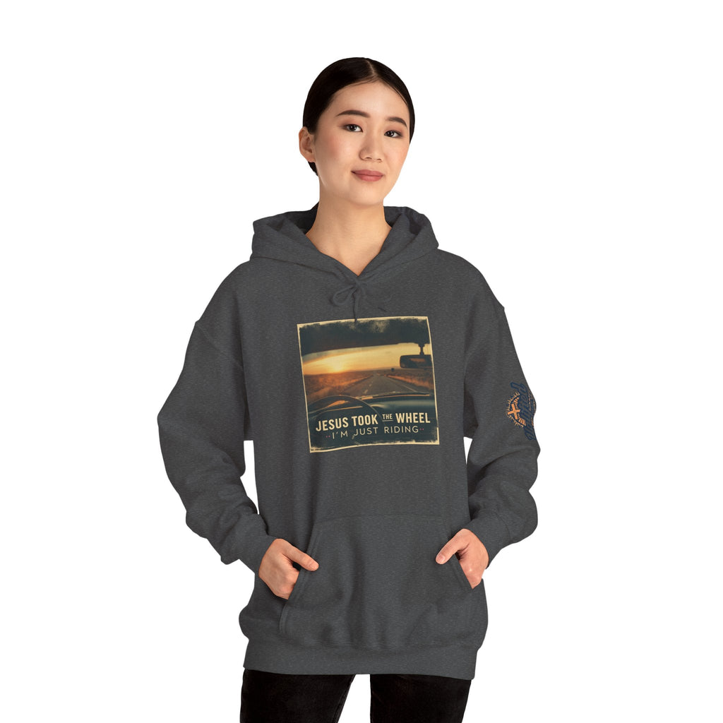 Jesus Took the Wheel I'm Just Riding Hoodie – Funny Christian Convertible Car Sweatshirt for Surrendered Faith & Humor Printify