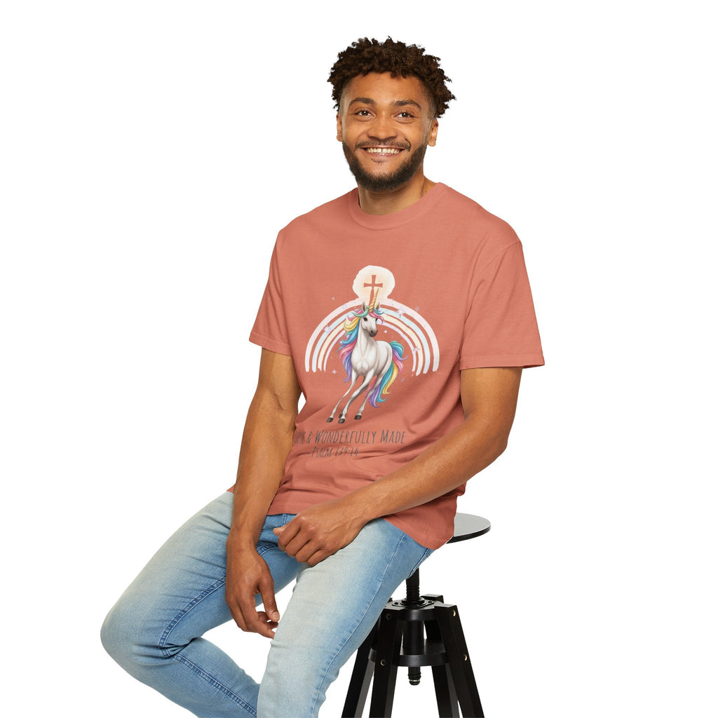 Unique Unicorn Christian T-Shirt – Wonderfully Made with Rainbow Cross & Psalm 139:14 Printify
