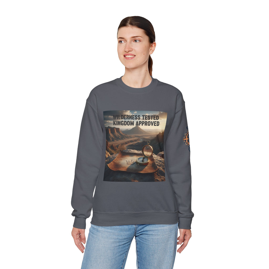 Wilderness Tested Kingdom Approved Sweatshirt – Mountain Desert Compass Crown Christian Sweatshirt for Biblical Adventure Faith Printify