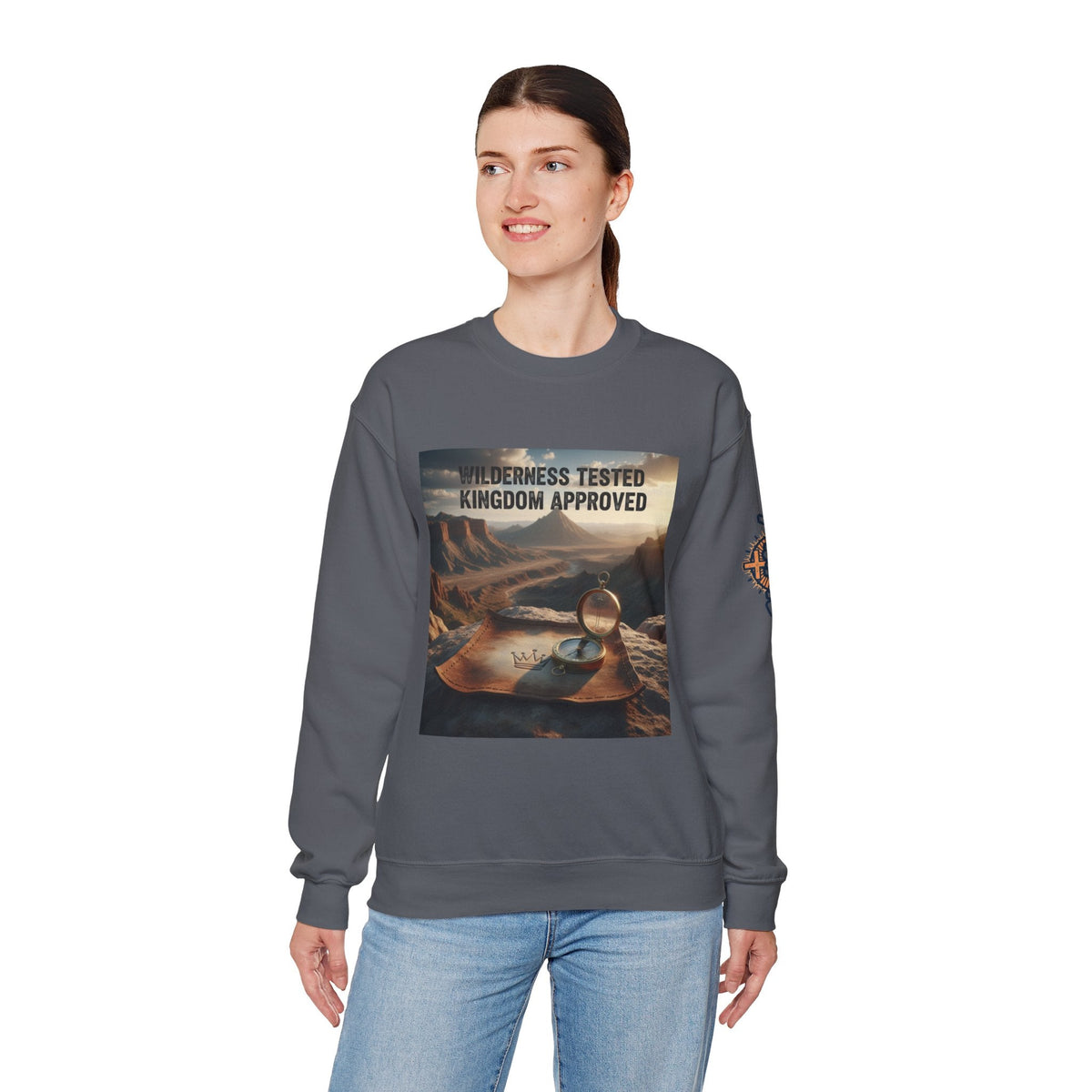 Wilderness Tested Kingdom Approved Sweatshirt – Mountain Desert Compass Crown Christian Sweatshirt for Biblical Adventure Faith Printify