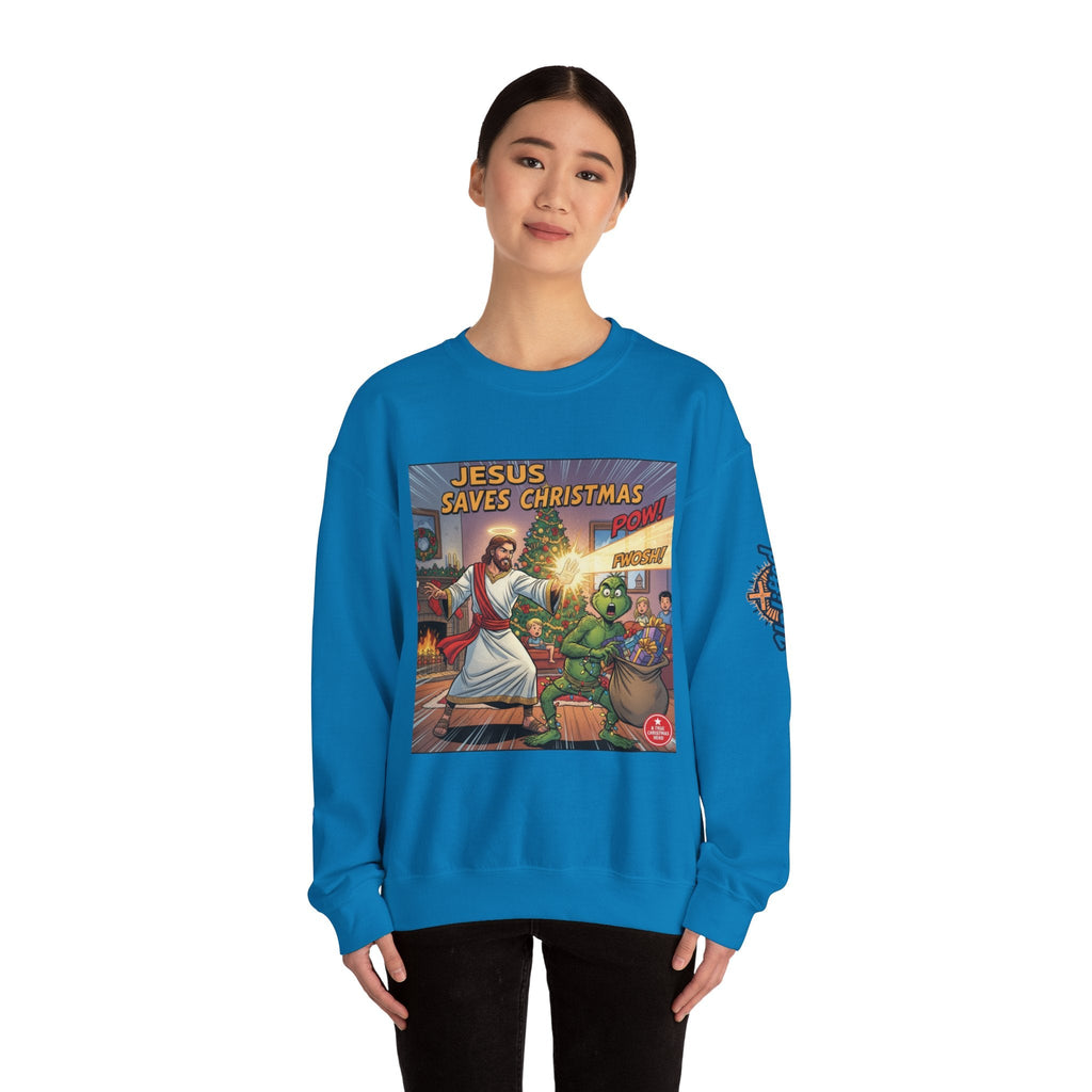 Jesus Saves Christmas Sweatshirt – Grinch vs Savior Light Battle Christian Sweatshirt for Hilarious Holiday Faith & True Joy Printify