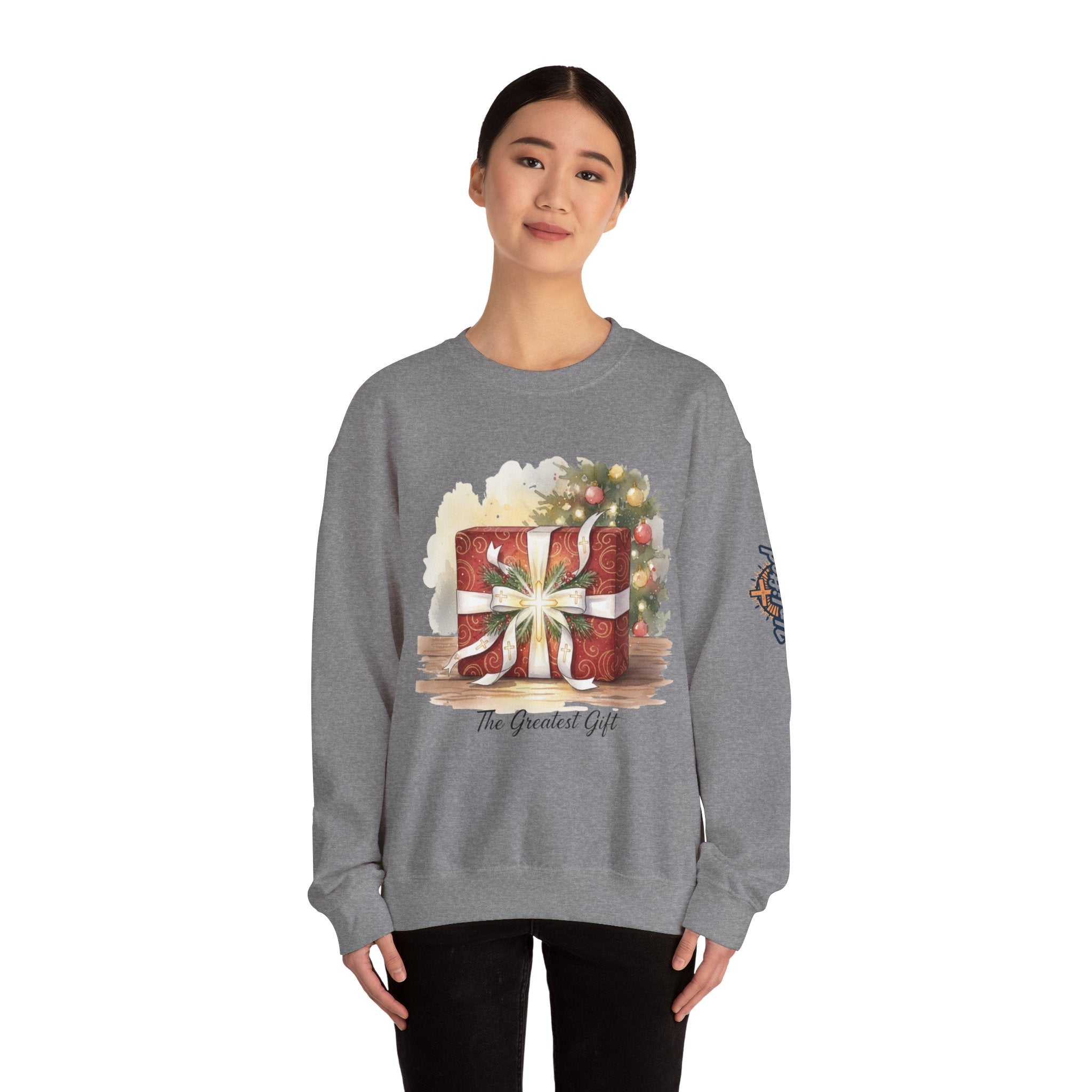 The Greatest Gift Sweatshirt – Cross Bow Present Christian Sweatshirt for Christmas Salvation & Eternal Faith Printify