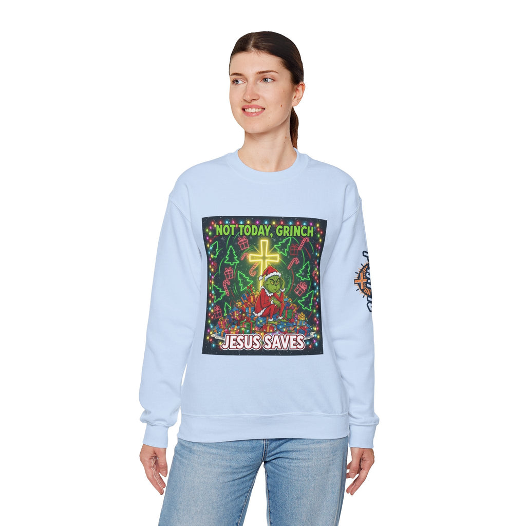 🎄 Not Today, Grinch – Jesus Saves | Funny Christian Christmas Sweatshirt | Festive Green & Red Cartoon Style | Bold Faith Holiday Tee by Uplifted Gear Printify
