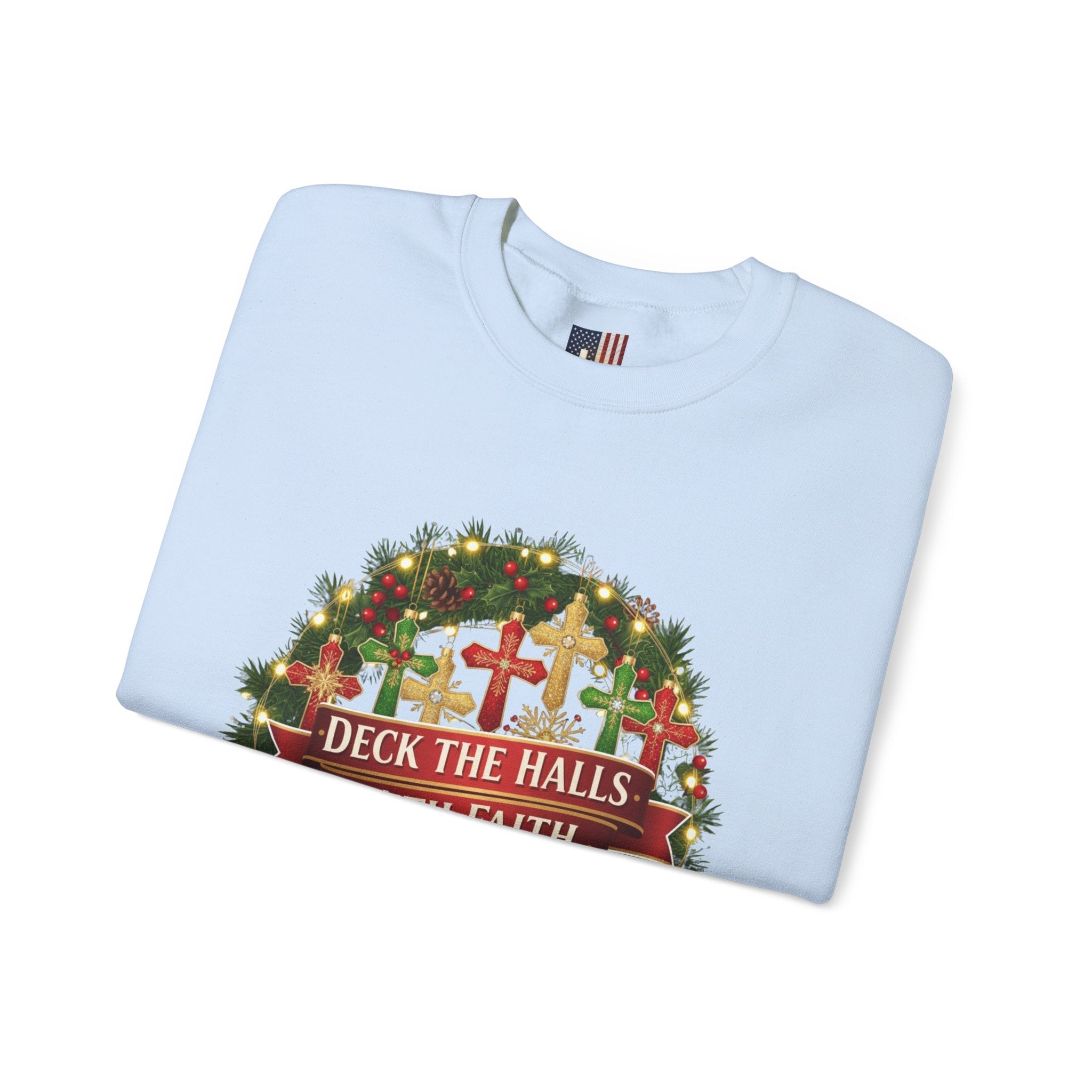 🎄 Deck the Halls with Faith – Christian Christmas Sweatshirt | Cross Ornament Design & Festive Garland | Bold Holiday Faith Tee by Uplifted Gear Printify