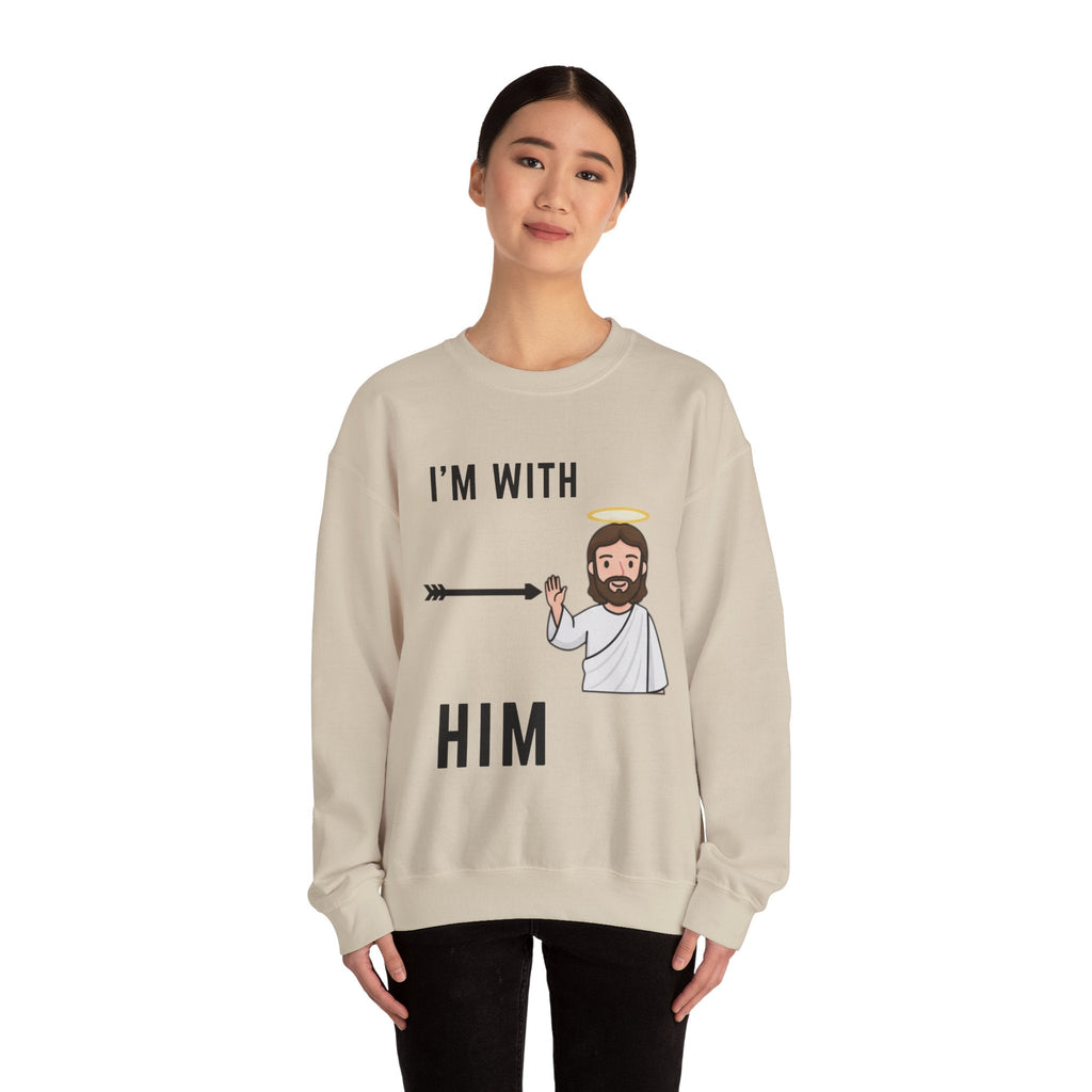 🔥 I’m With Him → Christian Sweatshirt | Arrow Pointing to Jesus | Minimalist Faith Tee | Subtle Cross Design | Bible-Inspired Apparel by Uplifted Gear Printify