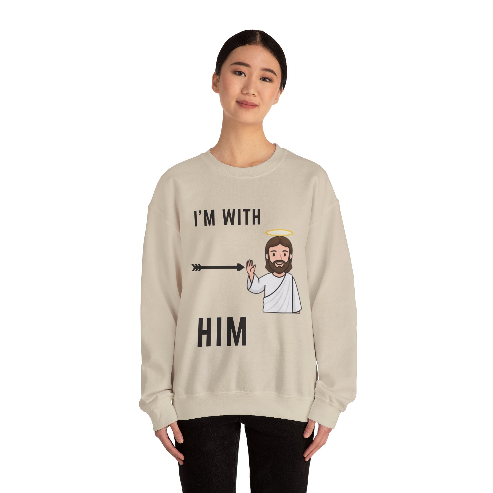 🔥 I’m With Him → Christian Sweatshirt | Arrow Pointing to Jesus | Minimalist Faith Tee | Subtle Cross Design | Bible-Inspired Apparel by Uplifted Gear Printify