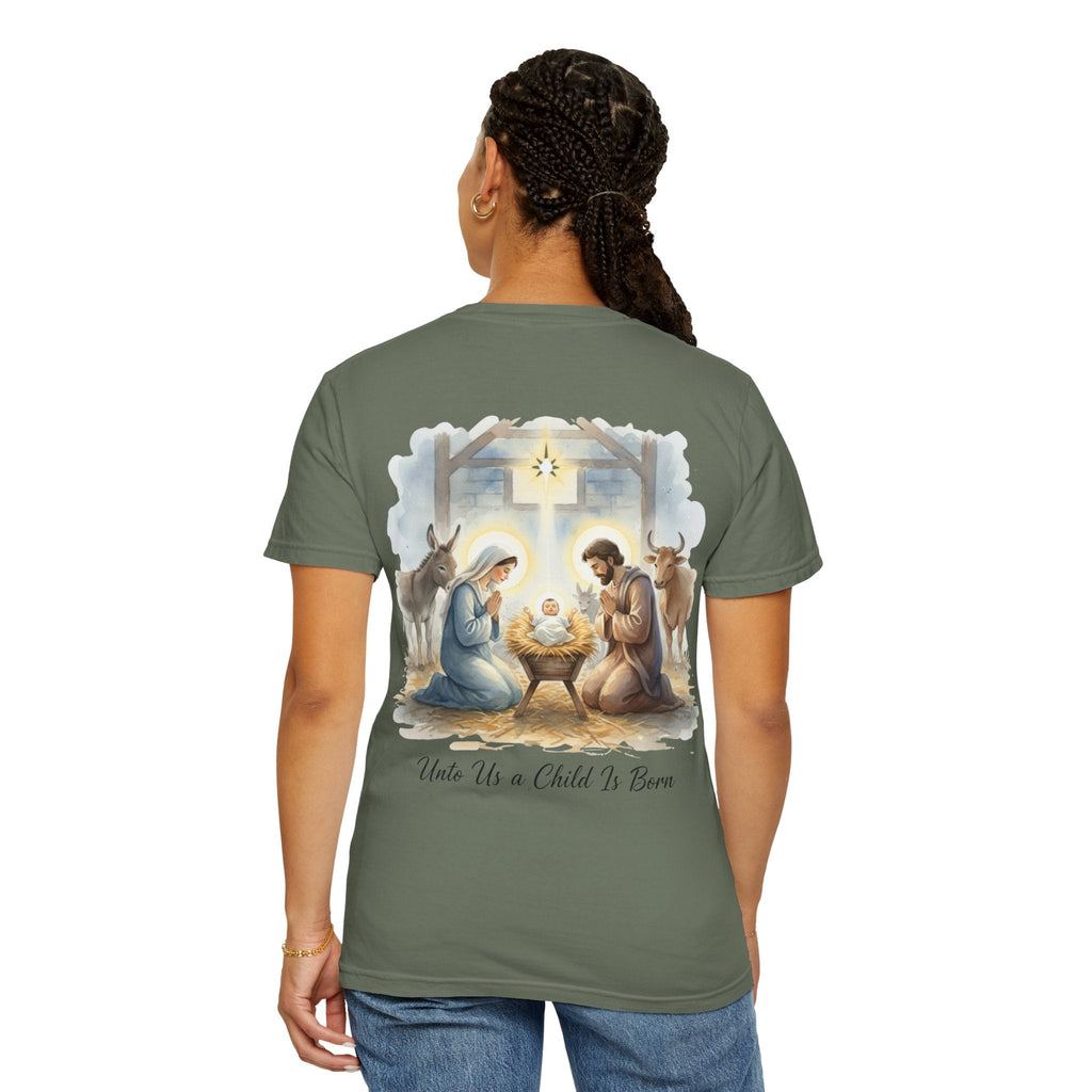 Unto Us a Child is Born T-shirt – Isaiah 9:6 Nativity Manger Scene Christian Christmas T-shirt for Holy Night Faith Printify