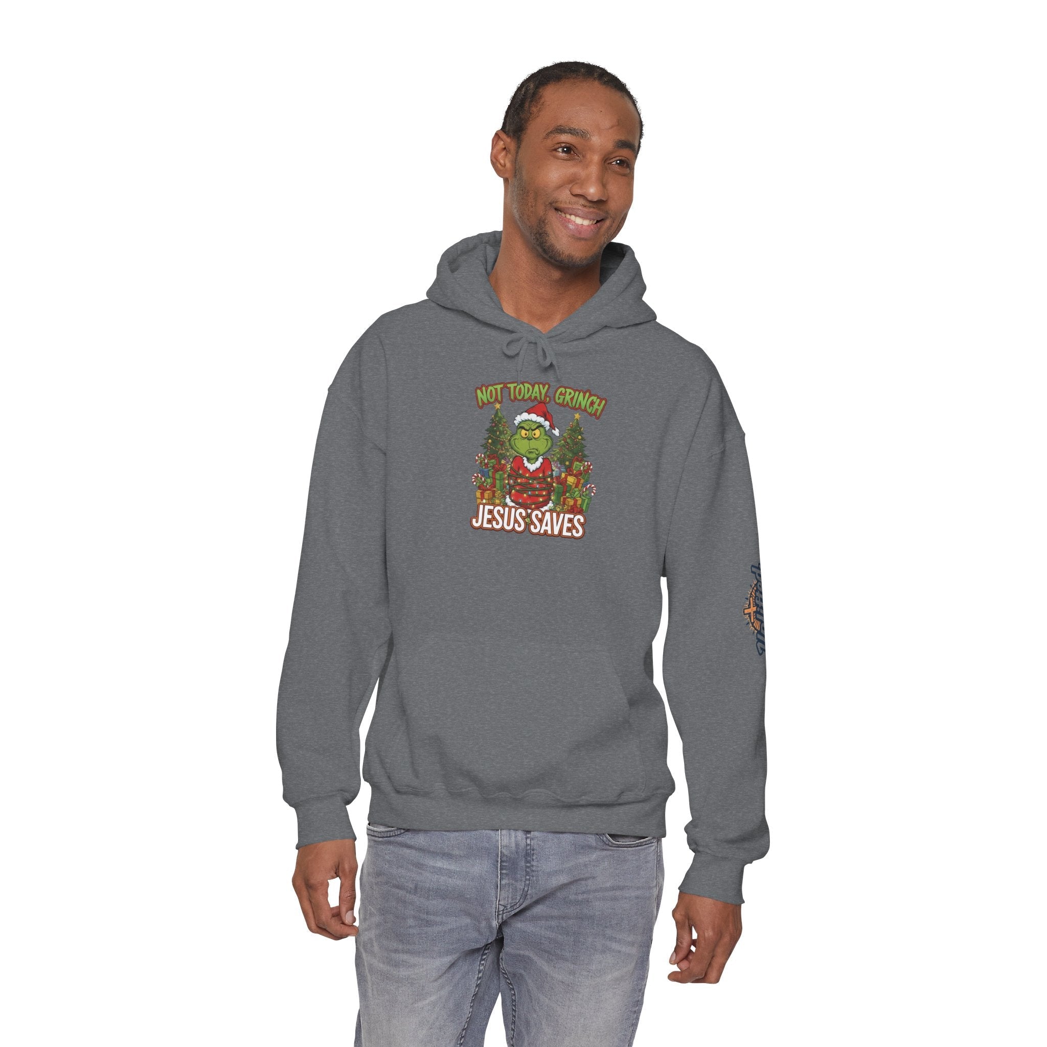 🎄 Not Today, Grinch – Jesus Saves | Funny Christian Christmas Hoodie | Sulking Grinch & Glowing Cross | Bold Neon Faith Tee by Uplifted Gear Printify