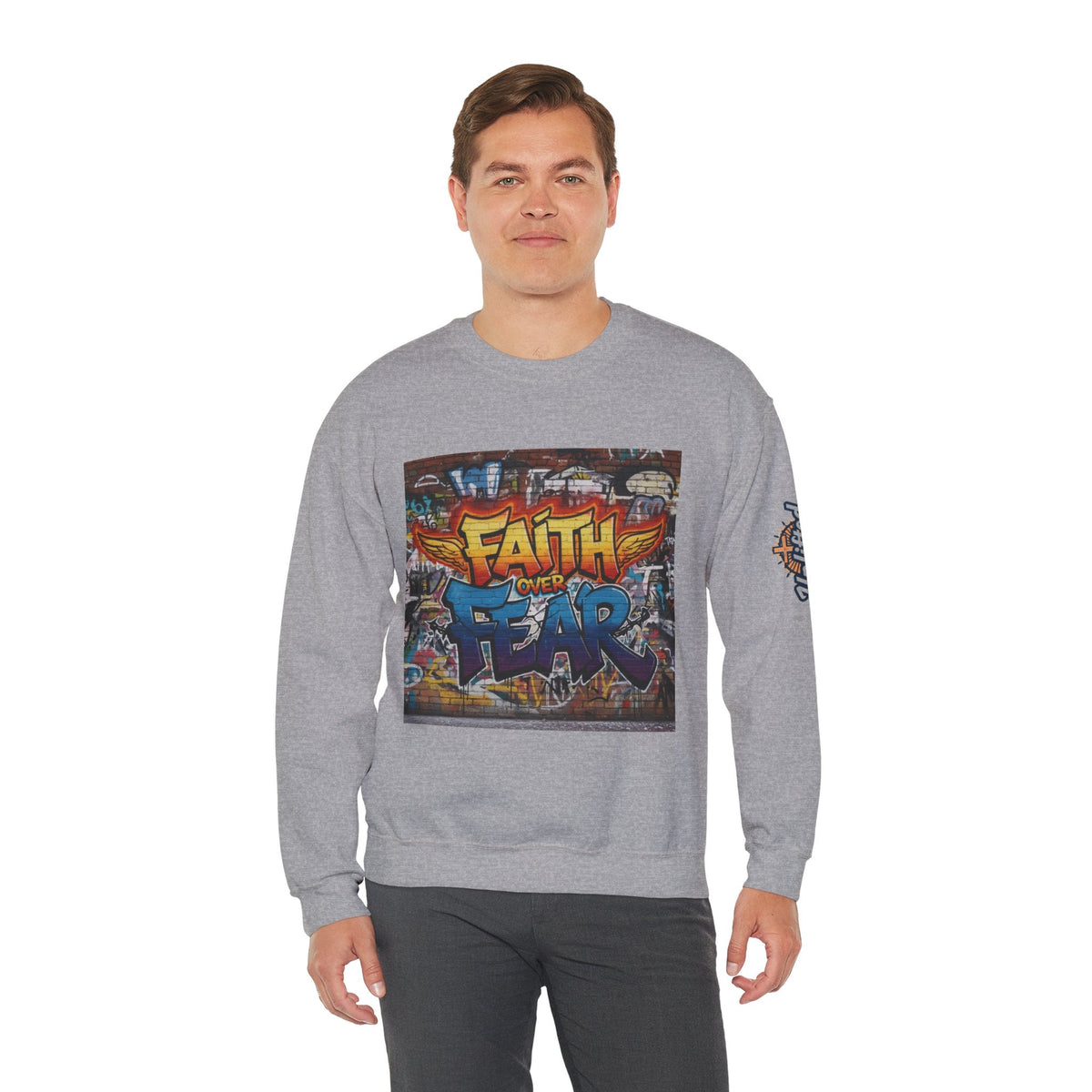 Faith Over Fear Sweatshirt – Graffiti Wall Christian Sweatshirt for Bold 2 Corinthians 5:7 Streetwear & Unshakable Faith Printify