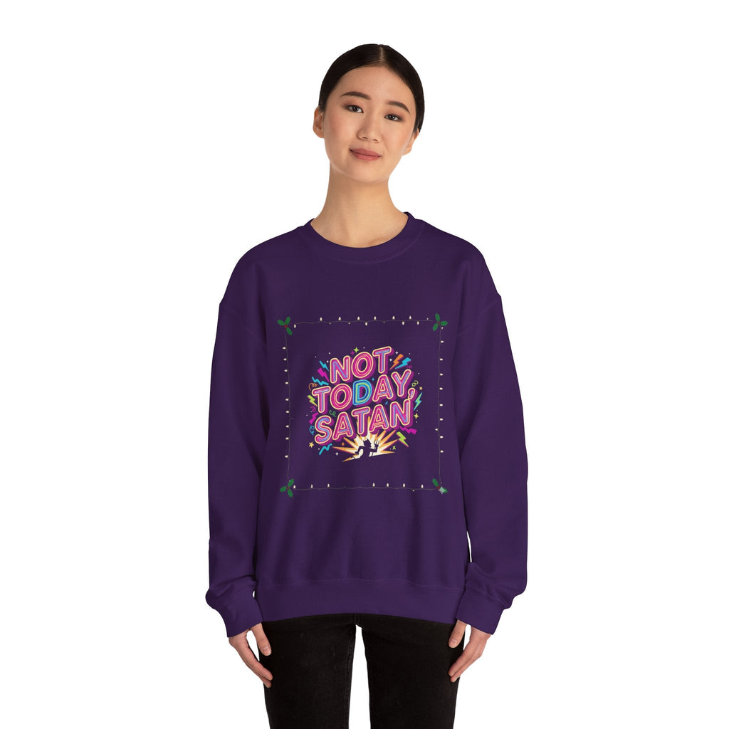 🔥 Not Today, Satan – Retro 90s Christian Sweatshirt | Neon Faith Tee | Funky Cartoon Devil | Bold Bible Verse Shirt | Uplifted Gear Printify