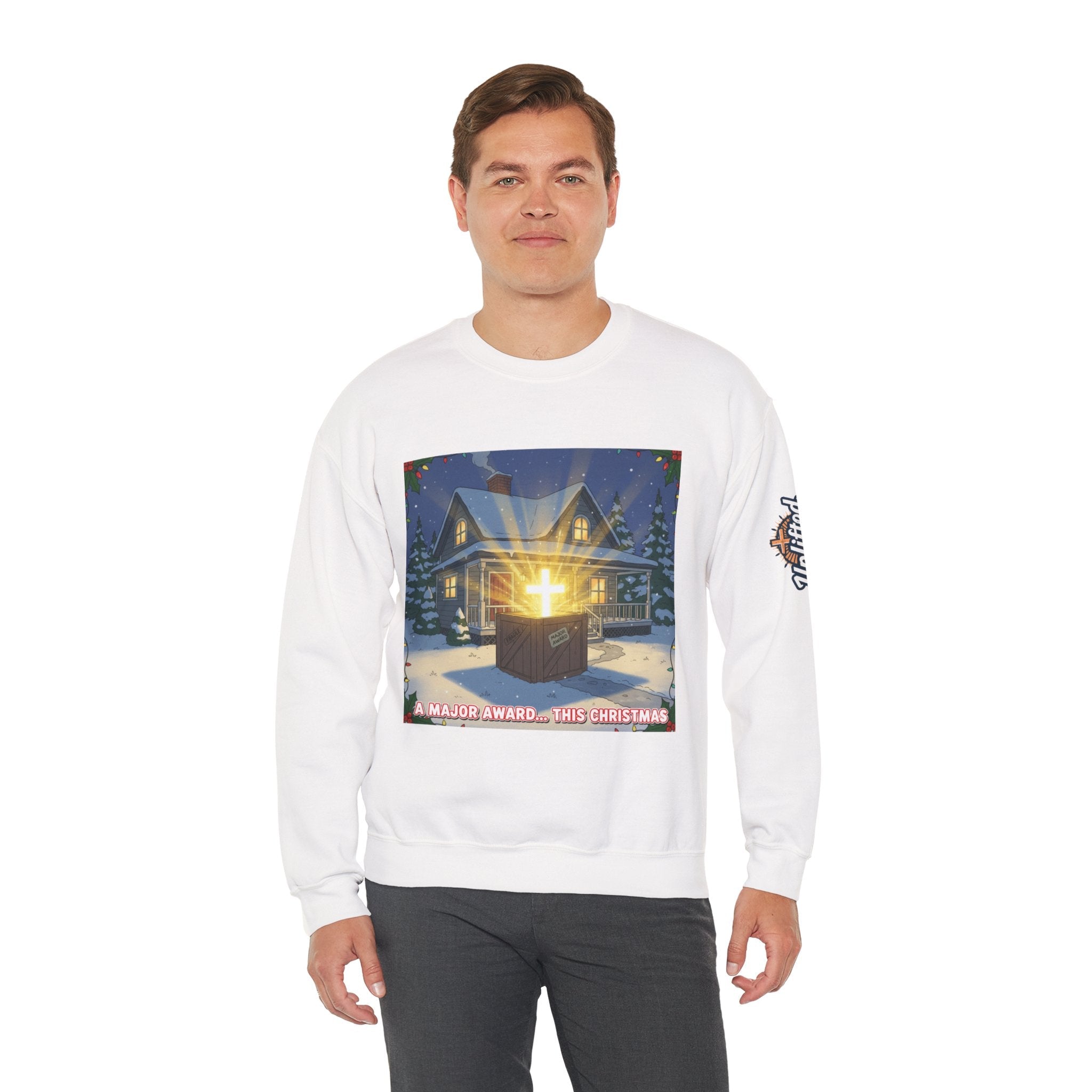A Major Award This Christmas Sweatshirt – Fragile Leg Lamp Parody Cross Unboxing Christian Sweatshirt for Hilarious Faith & Holiday Glow Printify