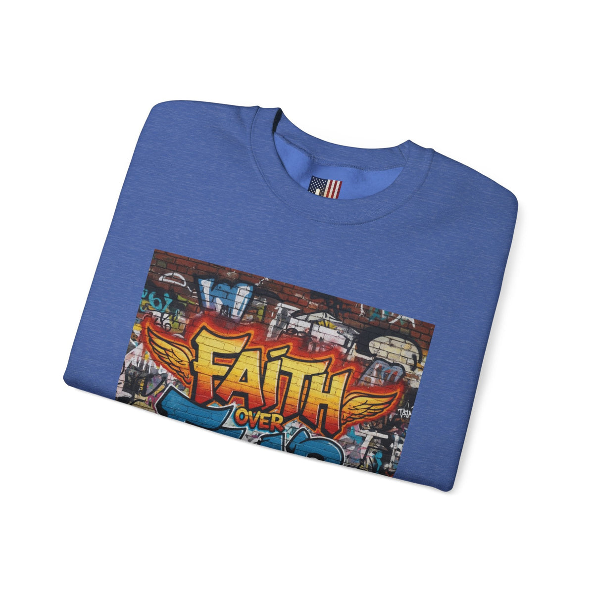 Faith Over Fear Sweatshirt – Graffiti Wall Christian Sweatshirt for Bold 2 Corinthians 5:7 Streetwear & Unshakable Faith Printify