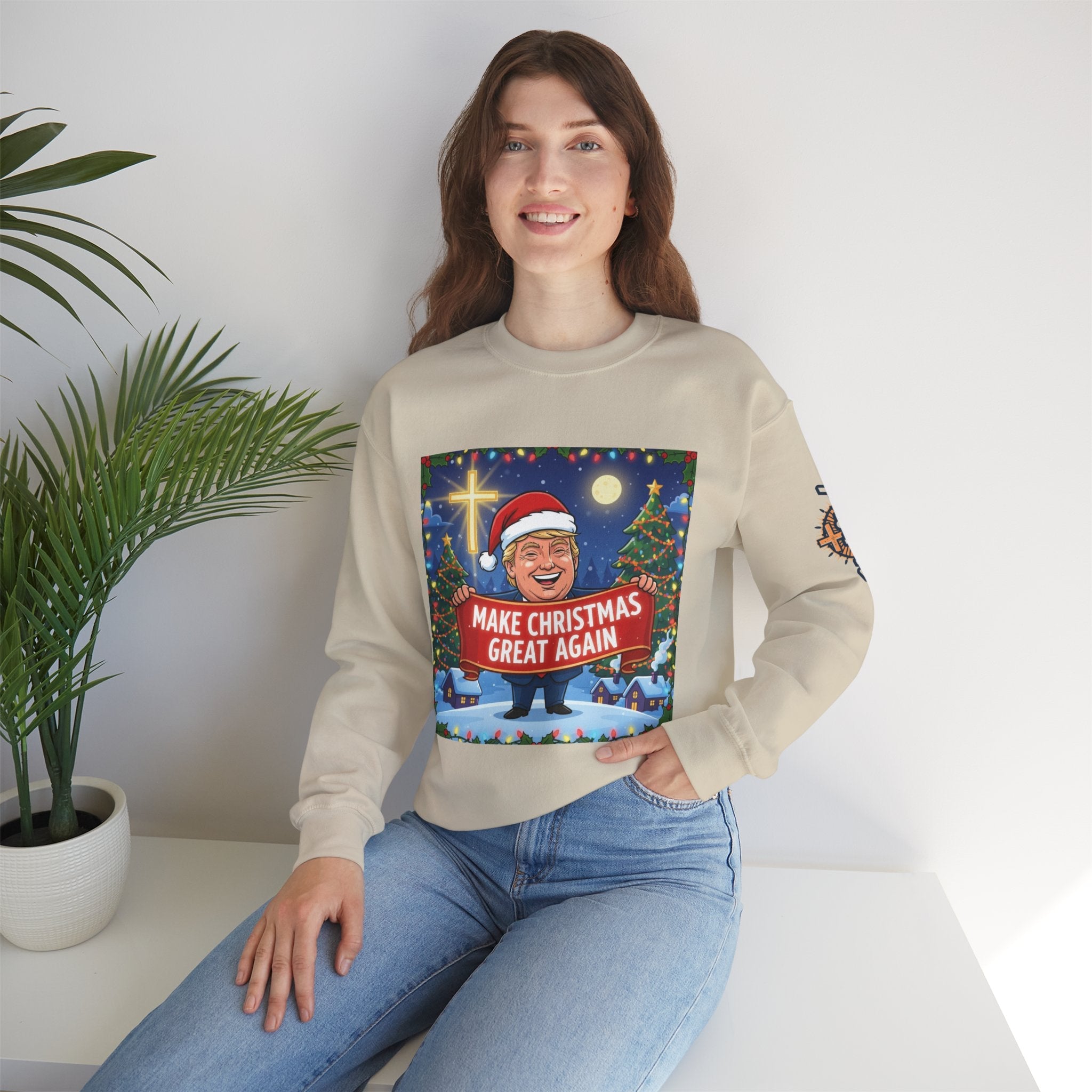 🎄 Make Christmas Great Again – Patriotic Christian Christmas Sweatshirt | Bold Holiday Faith Tee | Red & White Banner Design | Uplifted Gear Printify