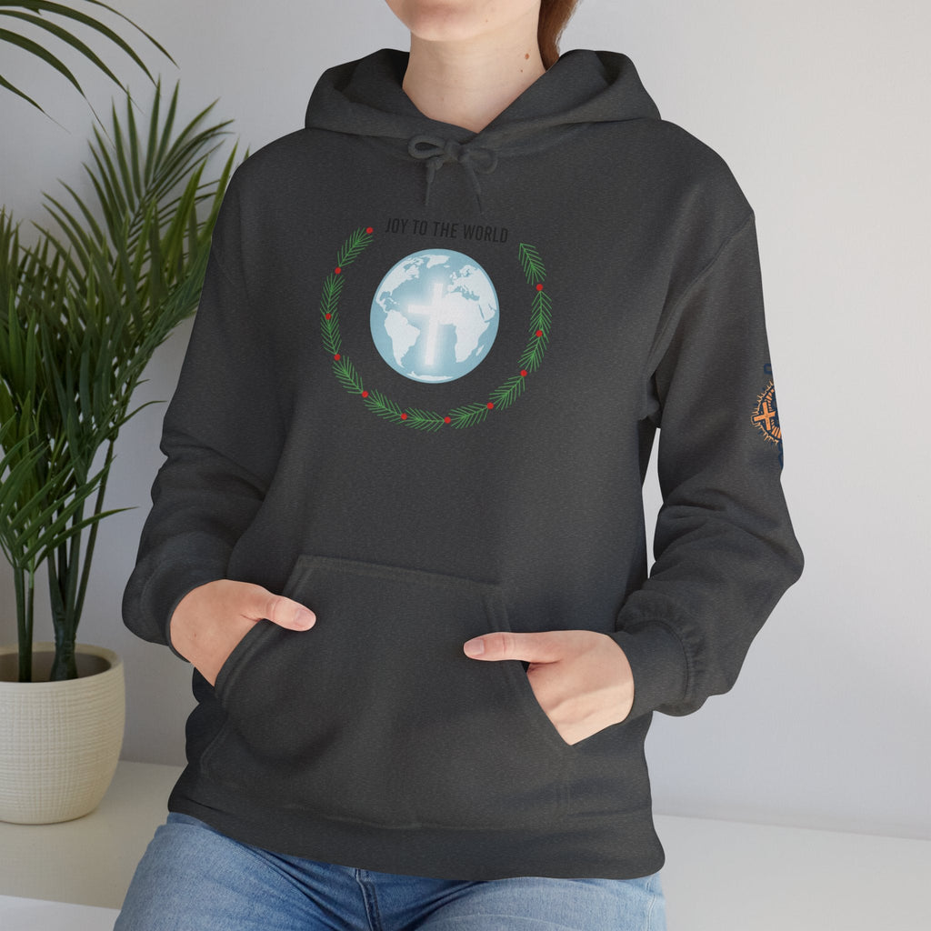 Joy to the World Hoodie – Wreath Earth Nativity Christian Christmas Sweatshirt for Isaiah 9:6 Holiday Faith & Festive Joy Printify