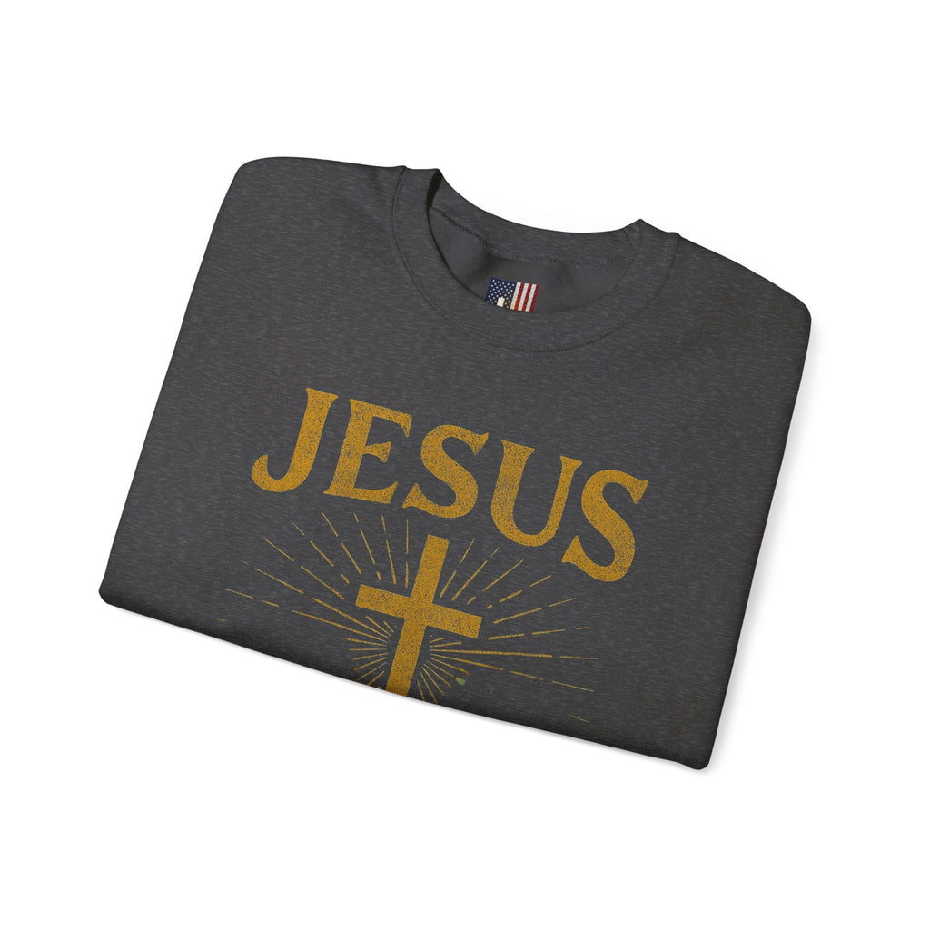Jesus Saves Sweatshirt – Radiant Cross & Rays of Light Christian Sweatshirt for Eternal Hope & Faith Printify