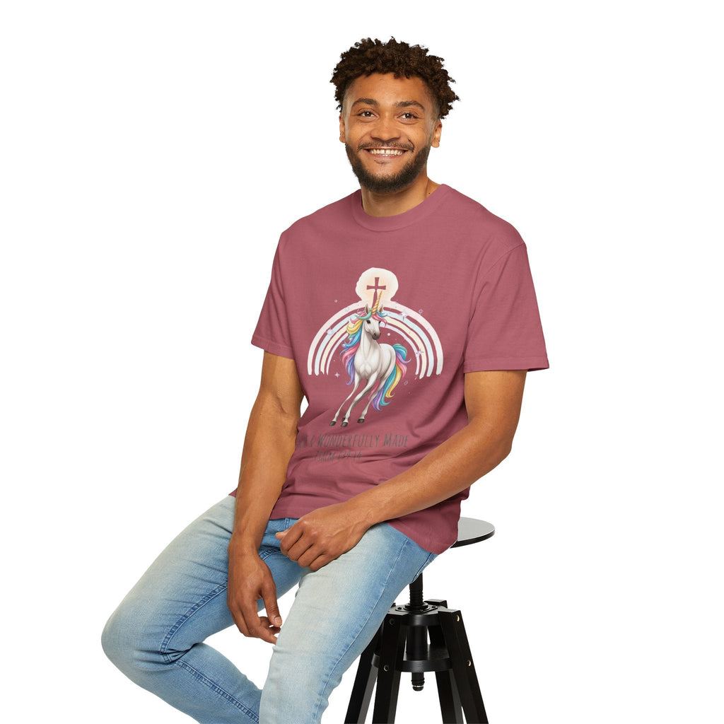 Unique Unicorn Christian T-Shirt – Wonderfully Made with Rainbow Cross & Psalm 139:14 Printify