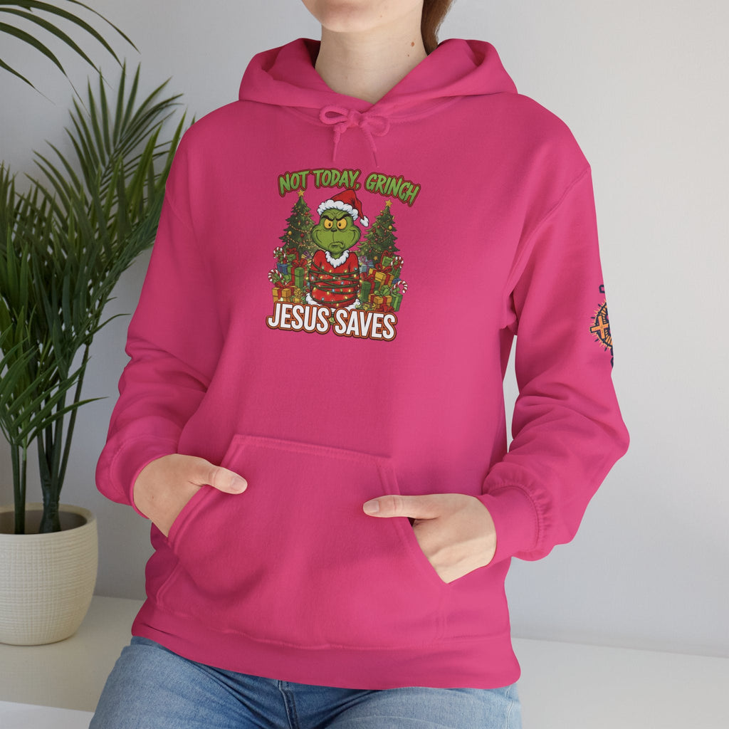 🎄 Not Today, Grinch – Jesus Saves | Funny Christian Christmas Hoodie | Sulking Grinch & Glowing Cross | Bold Neon Faith Tee by Uplifted Gear Printify