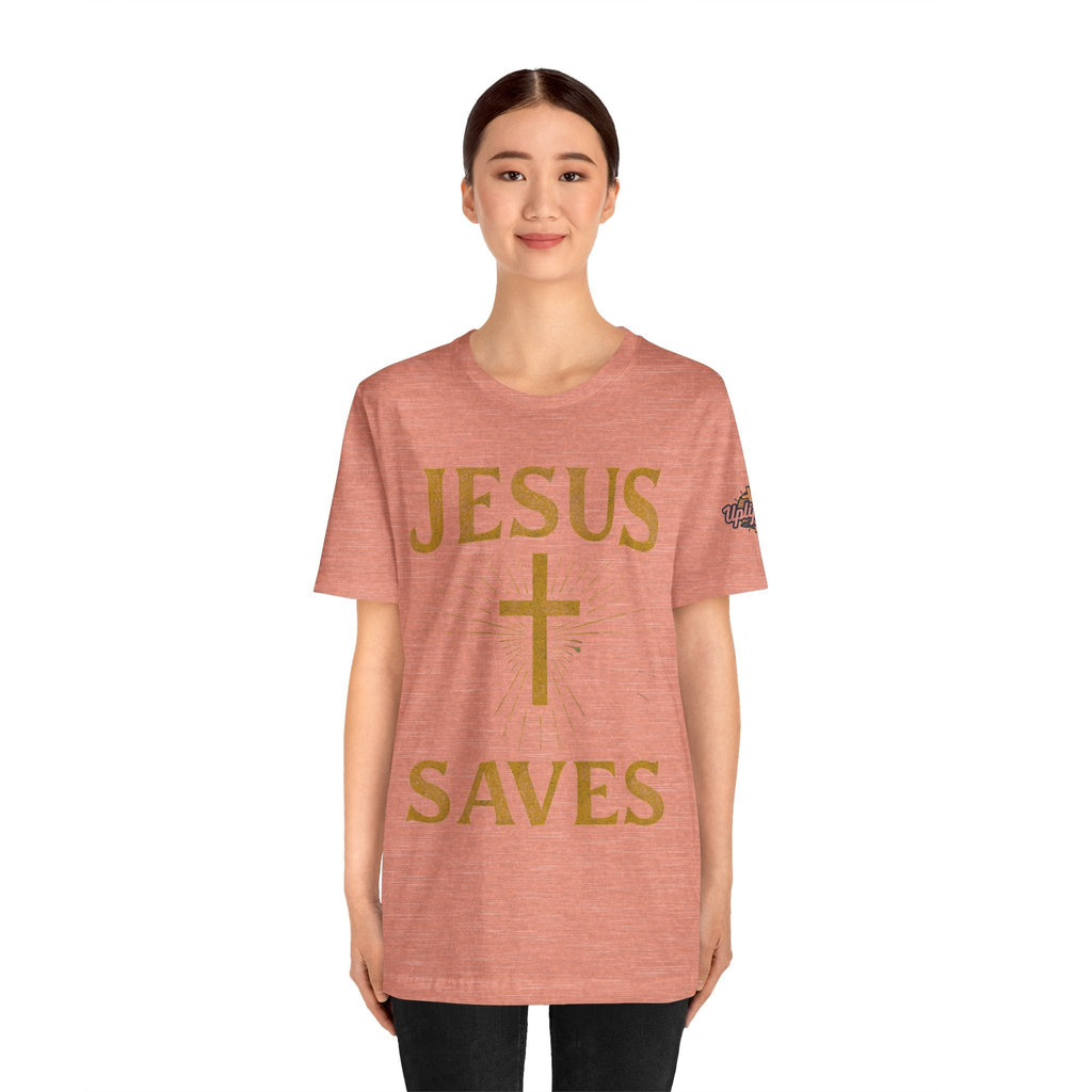 Jesus Saves T-shirt – Radiant Cross & Rays of Light Christian T-shirt for Eternal Hope & Faith Printify