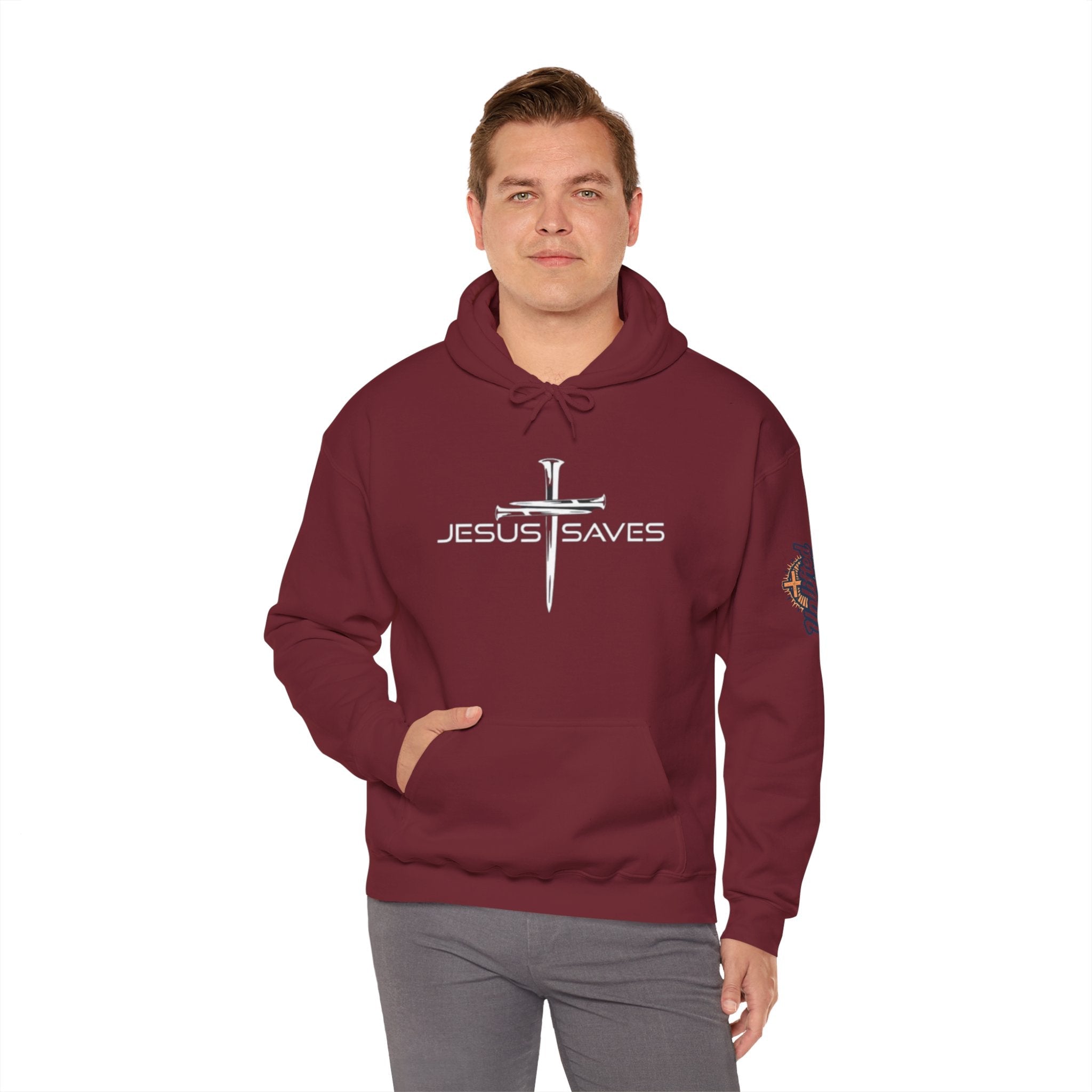 Jesus Saves Hoodie – 3 Nails Crucifix Cross Christian Sweatshirt for Redemption Faith & Bold Salvation Printify