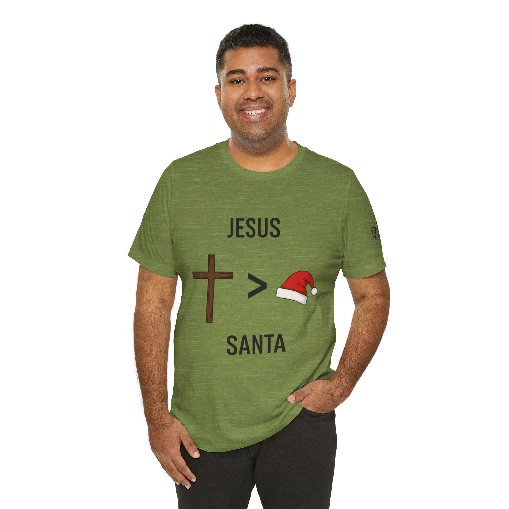 🎄 Jesus > Santa – Minimalist Christian Christmas T-Shirt | Bold Faith Over Holiday Tee | Cross vs Santa Hat Design | Uplifted Gear Printify