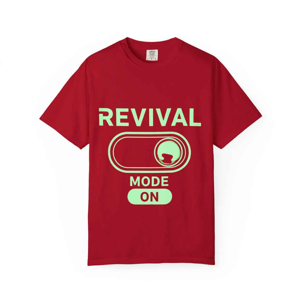 🔥 Revival Mode: ON – Christian Techwear T-Shirt | Glowing Green Faith Switch | Futuristic Jesus Shirt | Activate Your Spiritual Awakening | Uplifted Gear Printify