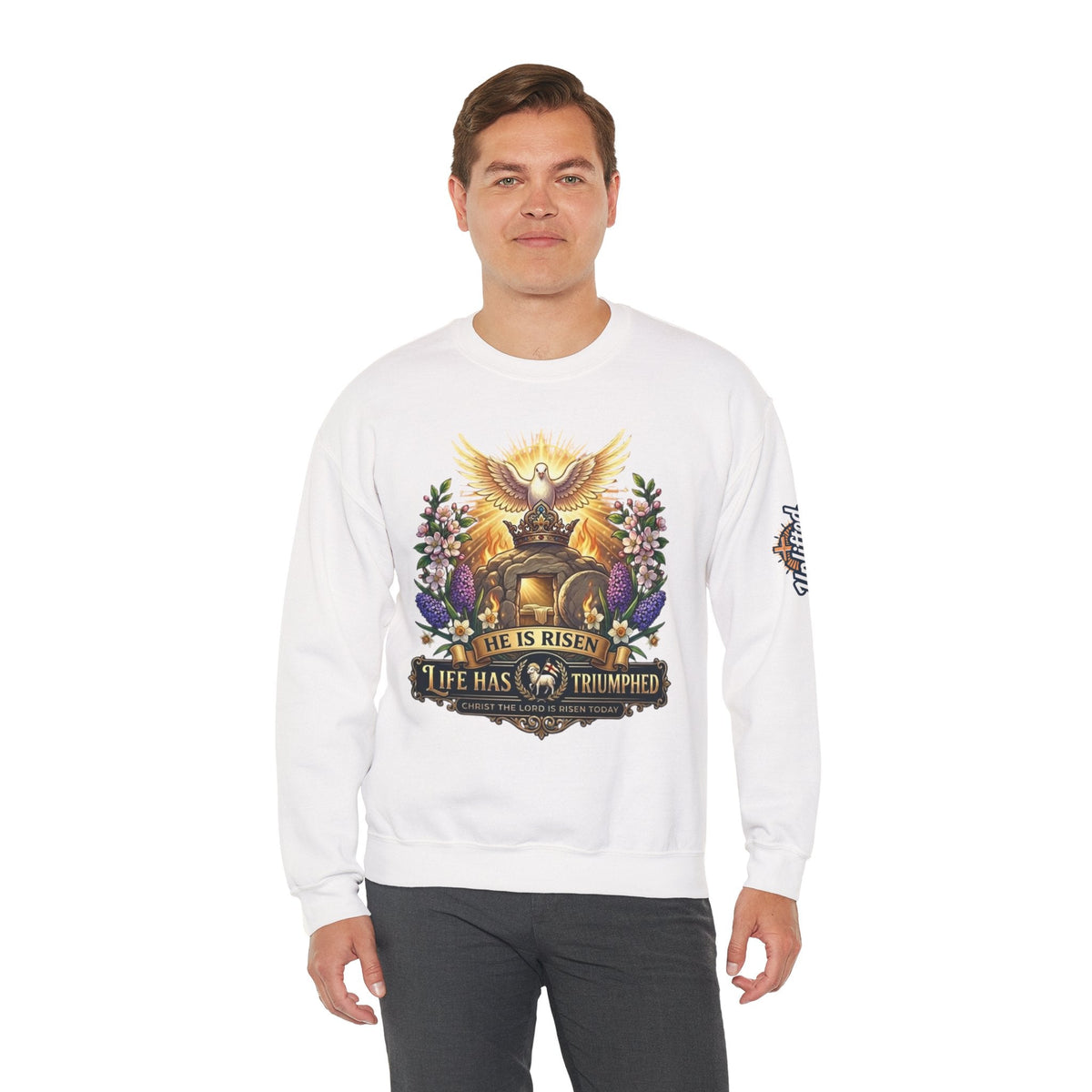 He Is Risen "Life Has Triumphed" Sweatshirt — Easter Resurrection Christian Sweatshirt Printify