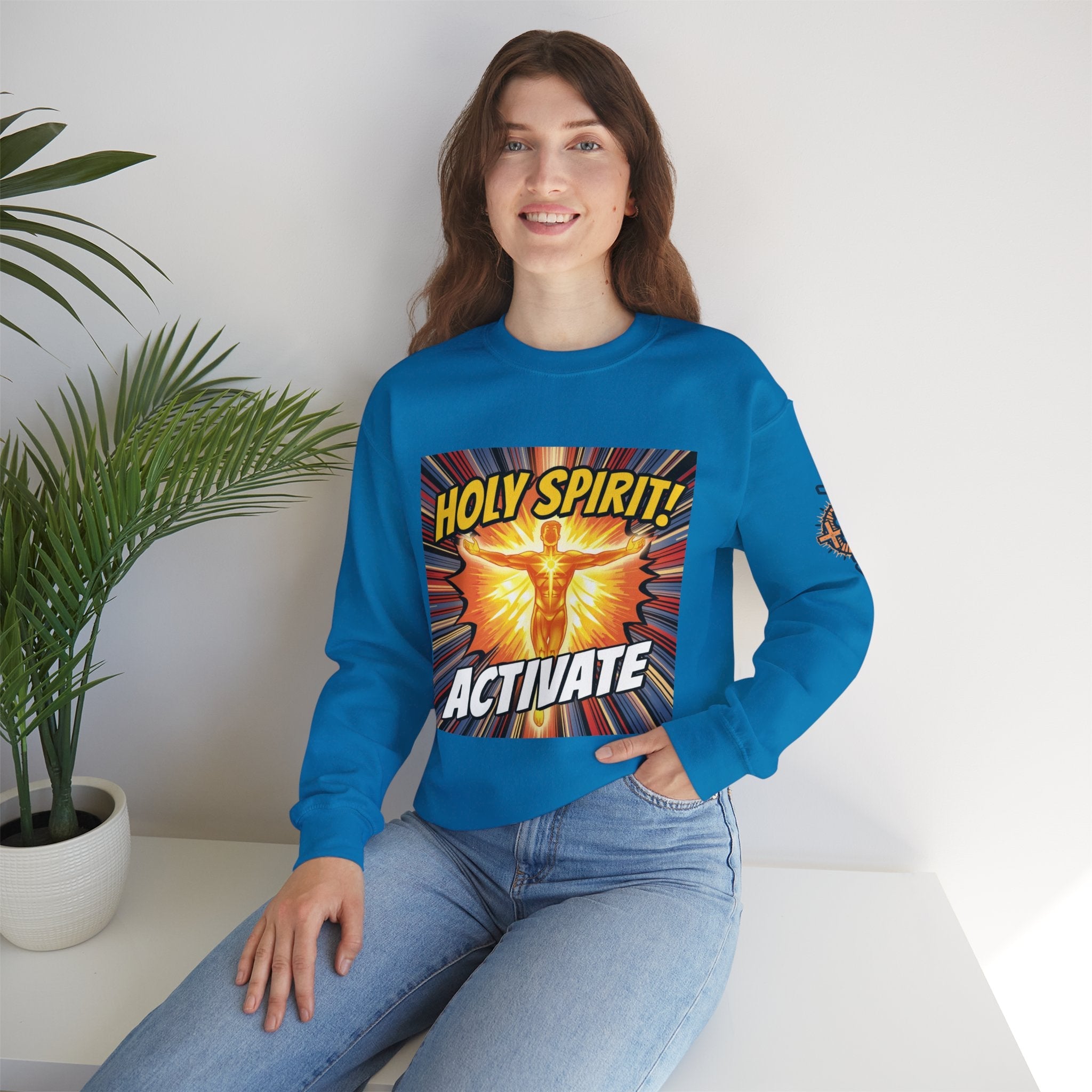 Holy Spirit Activate Sweatshirt – Superhero Christian Sweatshirt with Vibrant Power-Up Design for Faith-Fueled Boldness Printify