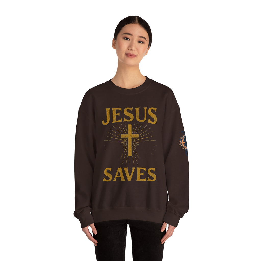 Jesus Saves Sweatshirt – Radiant Cross & Rays of Light Christian Sweatshirt for Eternal Hope & Faith Printify