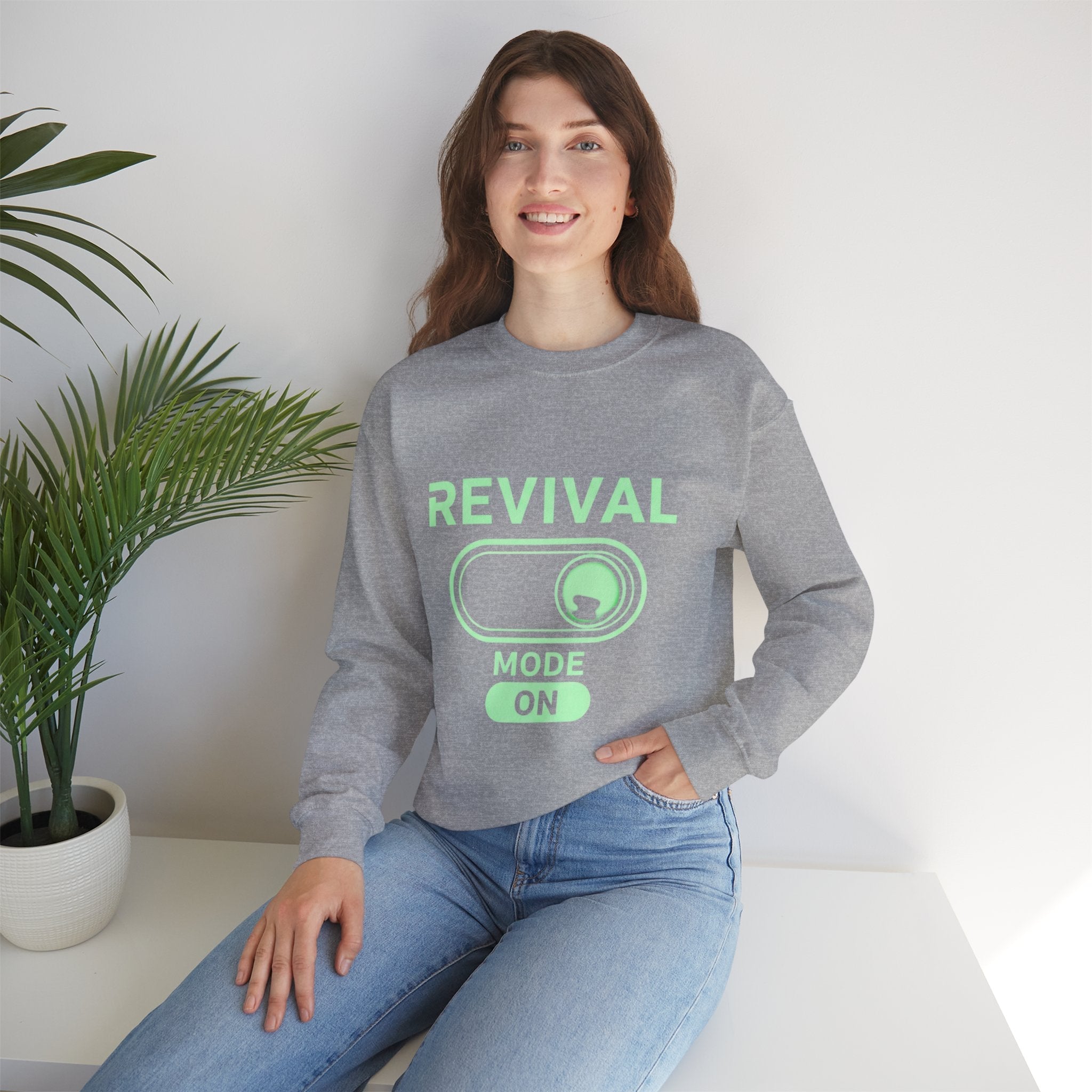🔥 Revival Mode: ON – Christian Techwear Sweatshirt | Glowing Green Faith Switch | Futuristic Jesus Shirt | Activate Your Spiritual Awakening | Uplifted Gear Printify