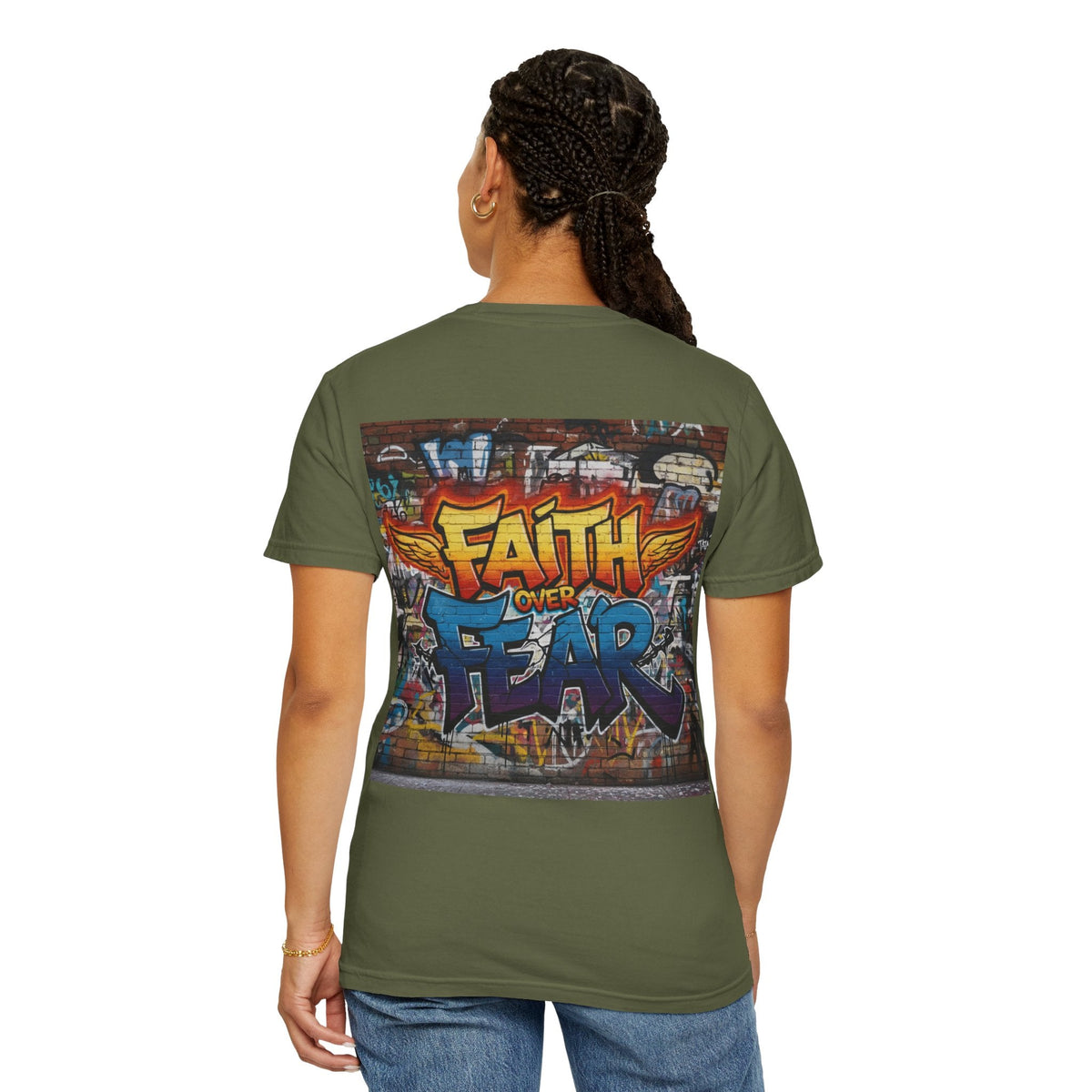 Faith Over Fear T-shirt – Graffiti Wall Christian T-shirt for Bold 2 Corinthians 5:7 Streetwear & Unshakable Faith Printify