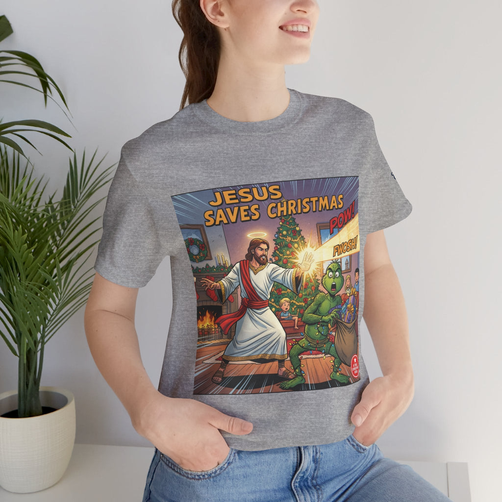 Jesus Saves Christmas T-shirt – Grinch vs Savior Light Battle Christian T-shirt for Hilarious Holiday Faith & True Joy Printify