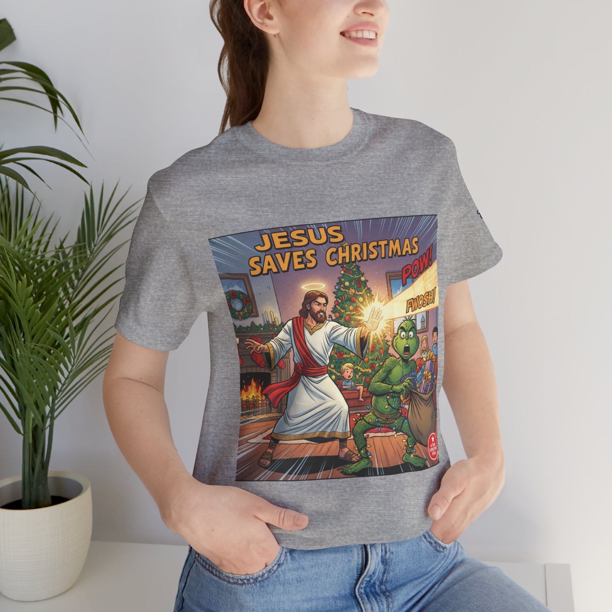 Jesus Saves Christmas T-shirt – Grinch vs Savior Light Battle Christian T-shirt for Hilarious Holiday Faith & True Joy Printify